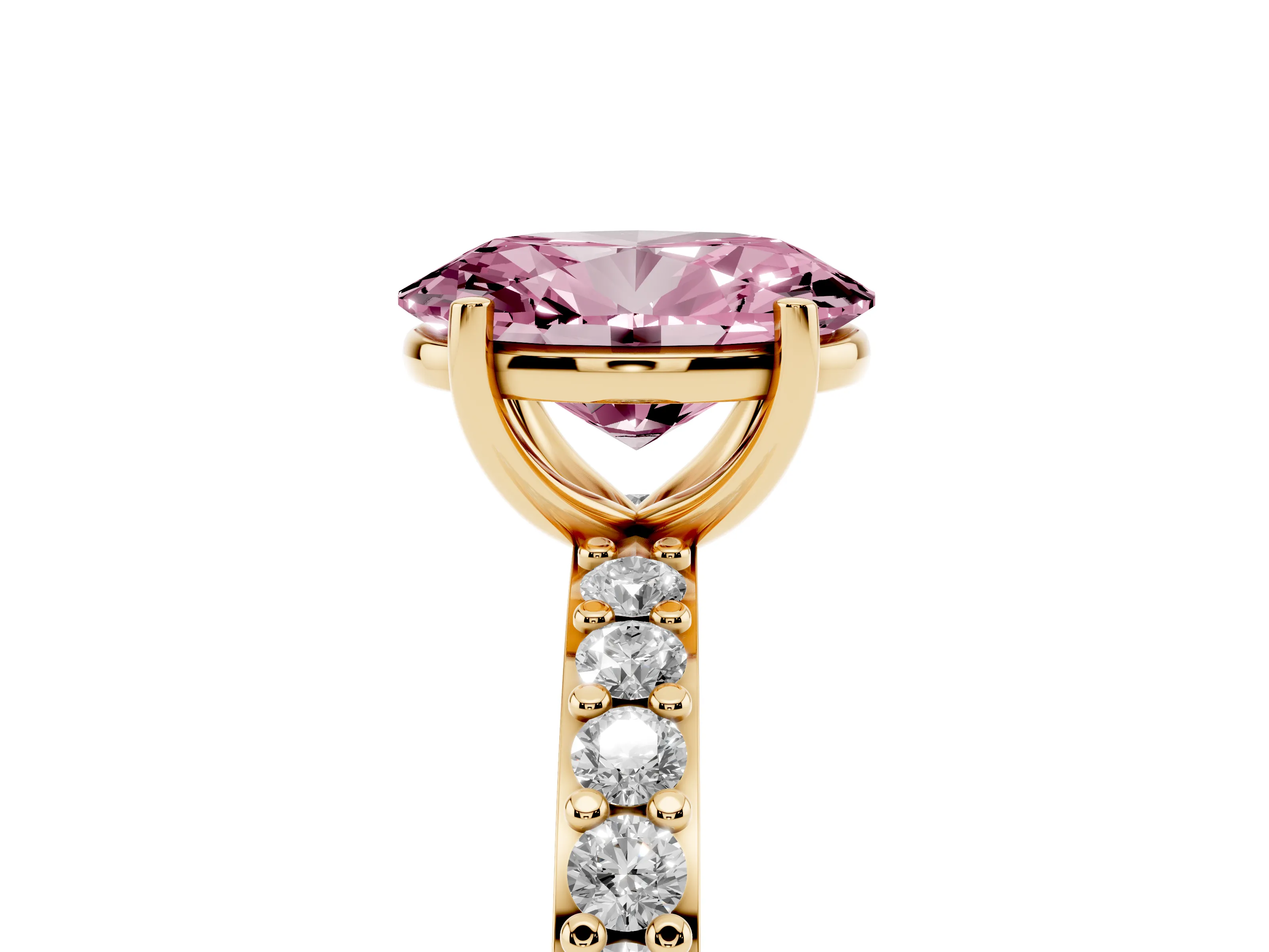 Fancy Pink Oval Cut Diamond Solitaire Set in Yellow gold with Round Pavé Band and Prong Setting