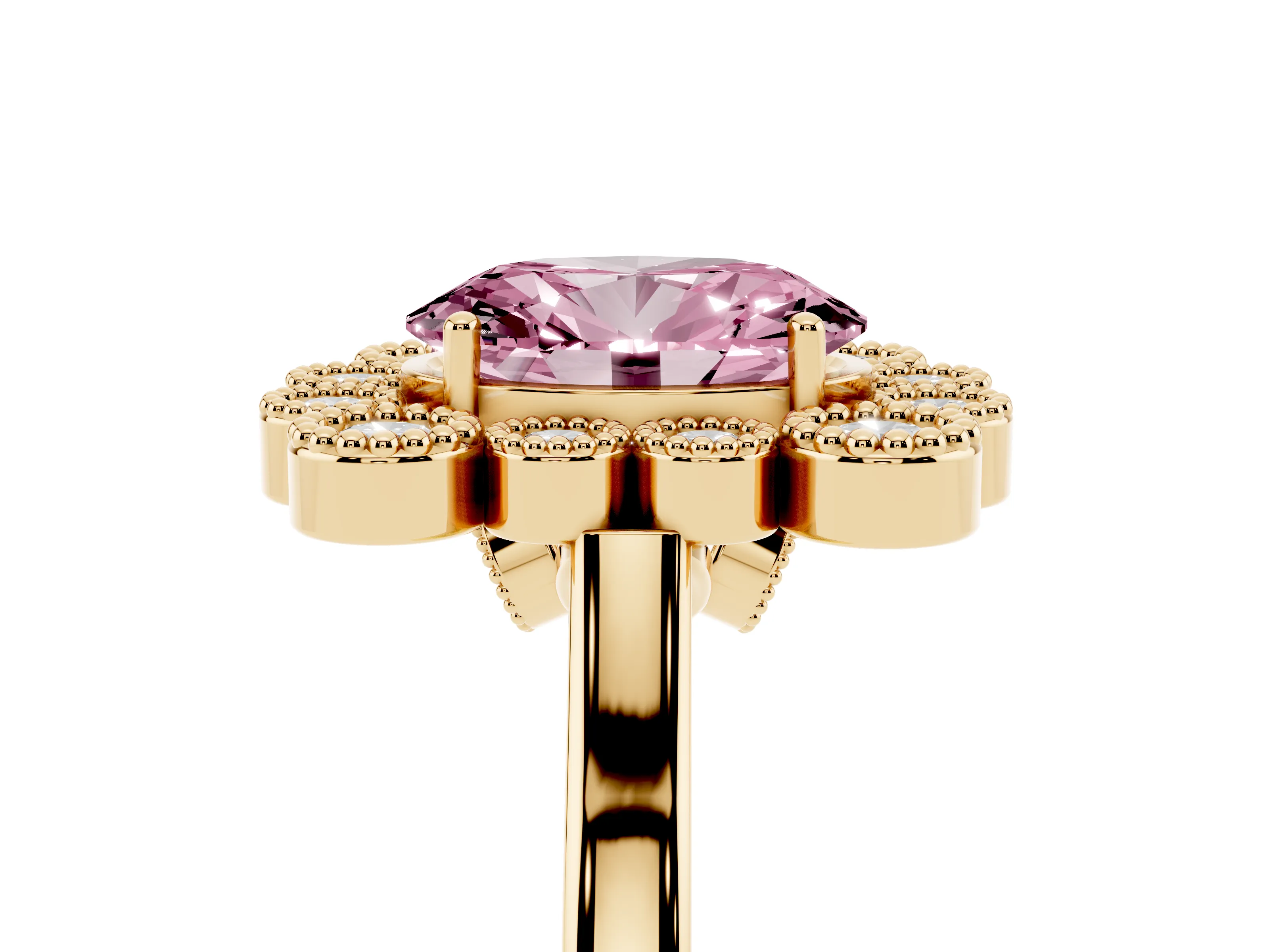 Fancy Pink Oval Cut Diamond Cluster Halo Ring Set in Yellow gold with Milgrain Bezel Accents and Plain Band