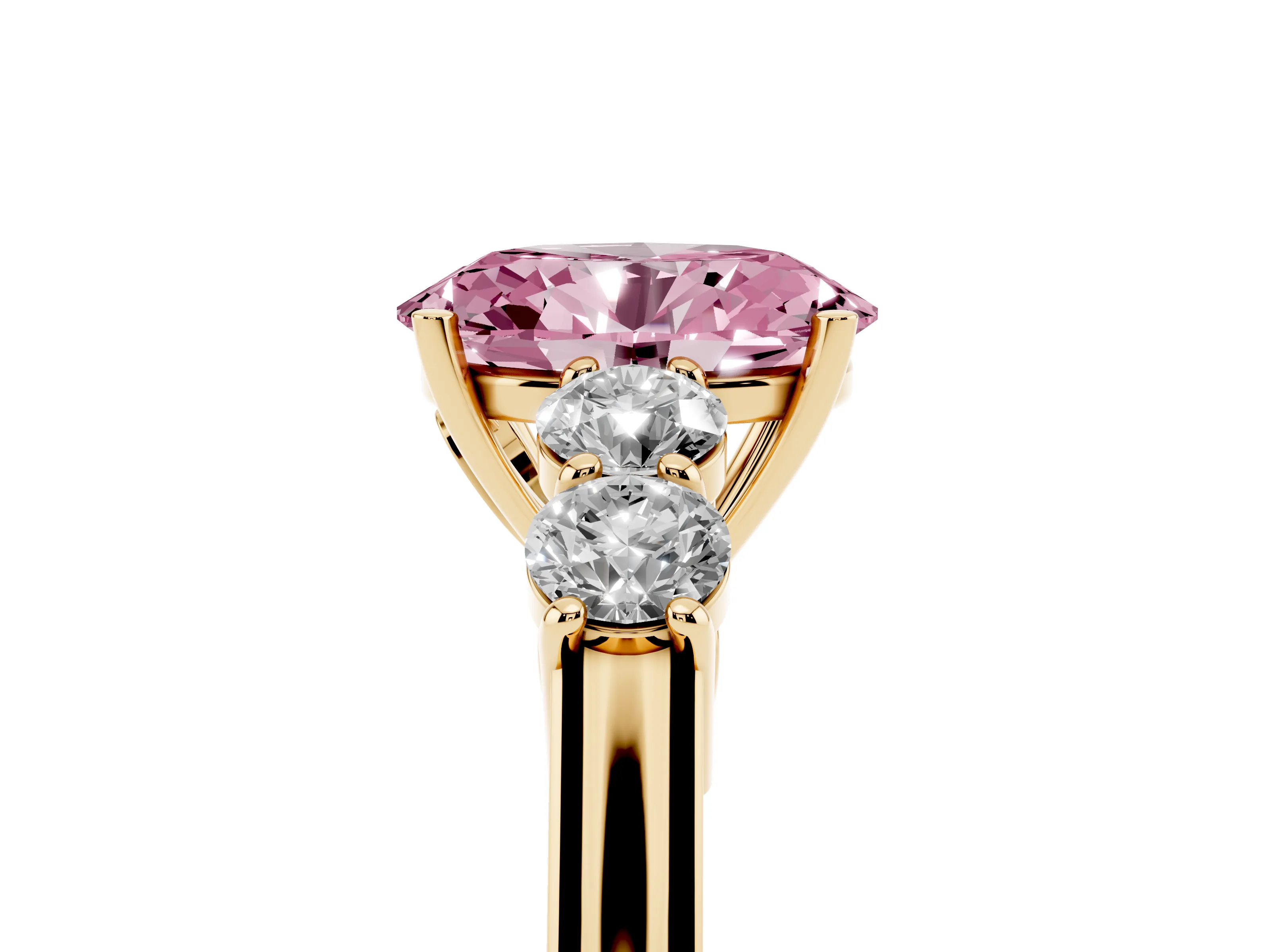 Fancy Pink Oval Cut Diamond Five-Stone Prong Set Band Ring Set in Yellow gold with Polished Band