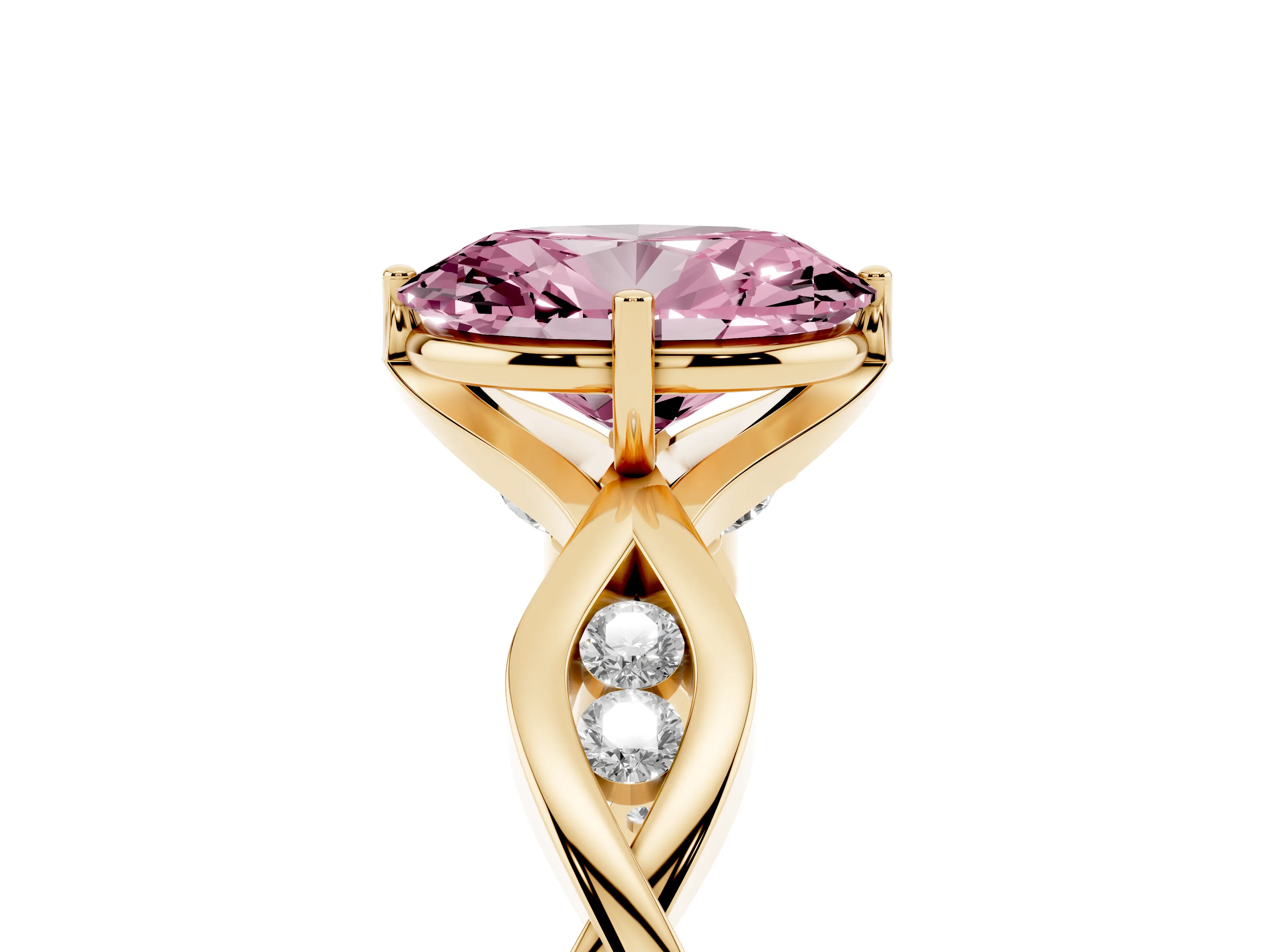 Fancy Pink Oval Cut Diamond Twist Band Solitaire Ring Set in Yellow gold with Leaf Prong Setting and Accent Stones