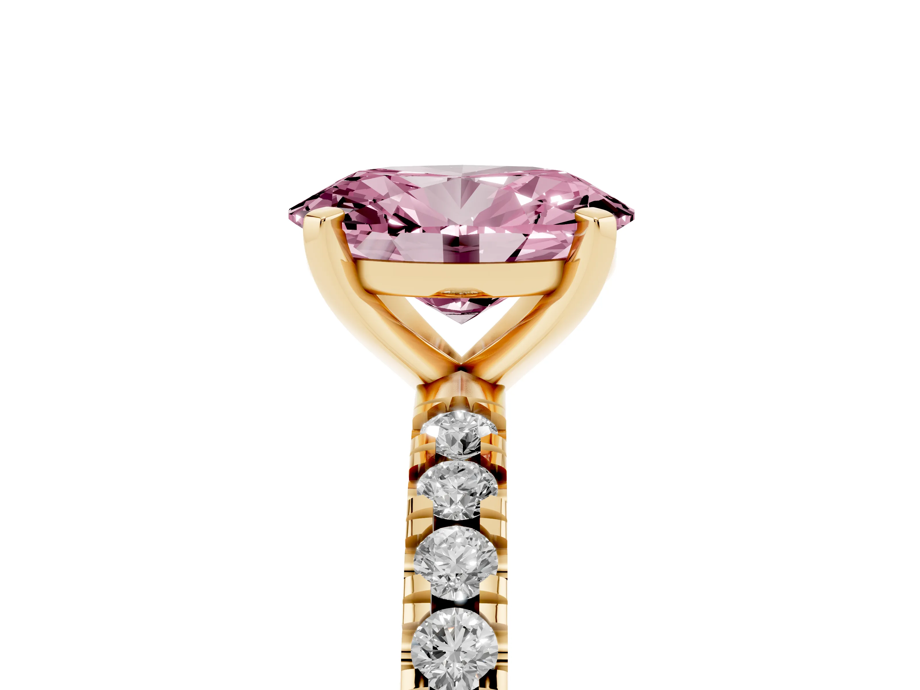Fancy Pink Oval Cut Diamond Pavé Band Solitaire Set in Yellow gold with Prong Setting