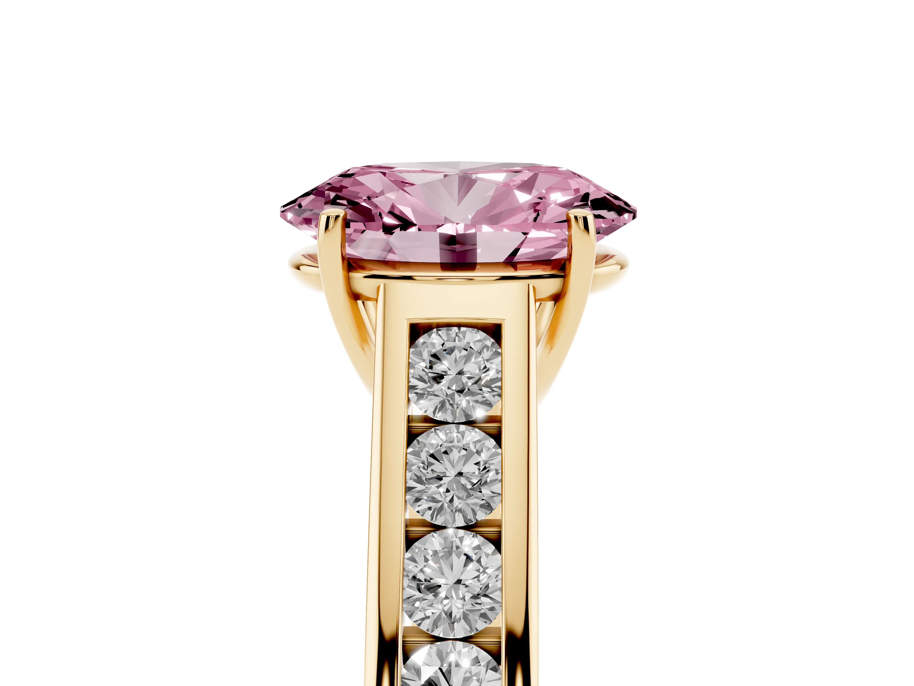 Fancy Pink Oval Cut Diamond Solitaire Channel-Set Engagement Ring Set in Yellow gold with Prong Setting