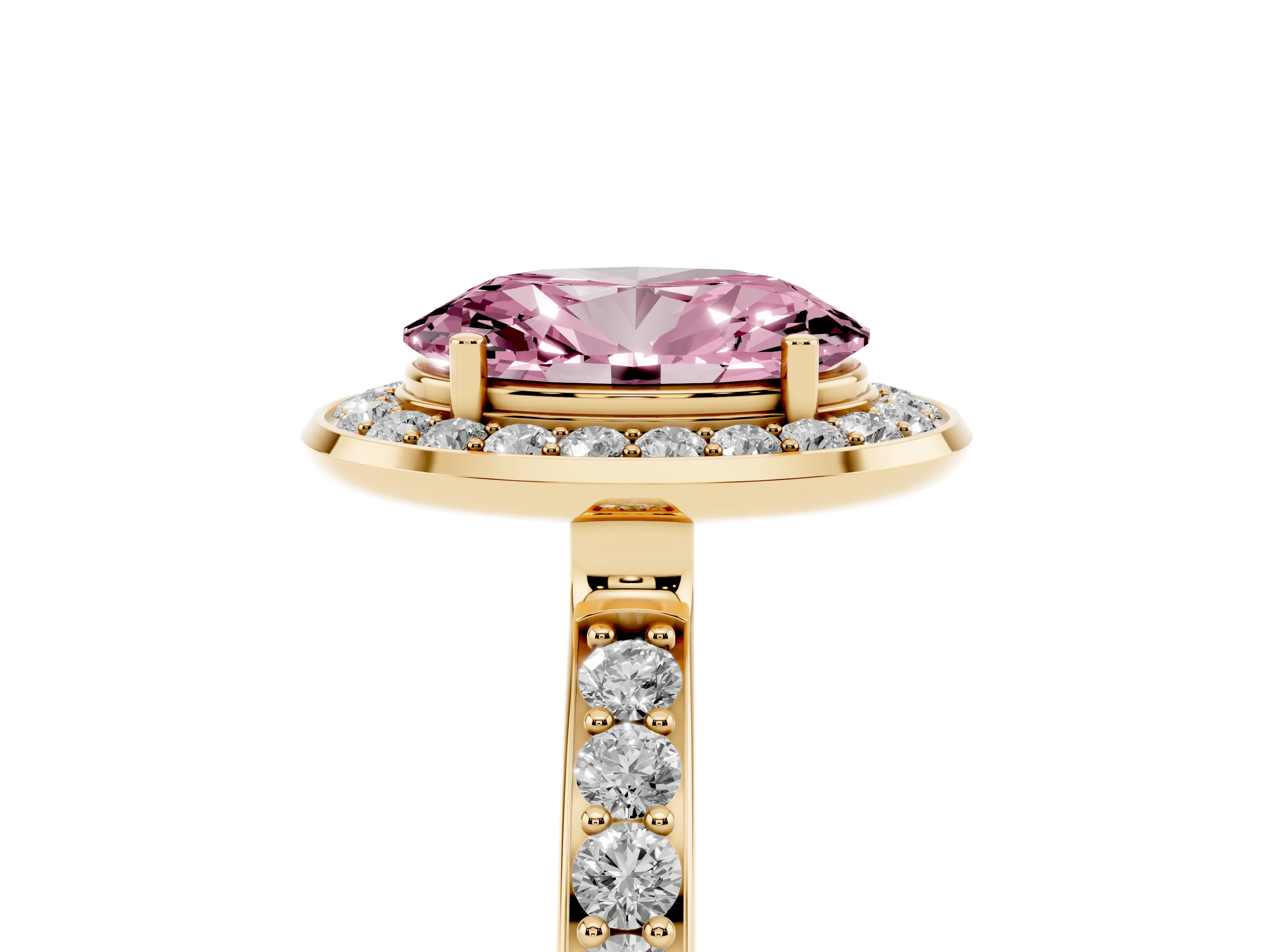 Fancy Pink Oval Cut Diamond Halo Ring Set in Yellow gold with Bezel Frame and Pavé Band
