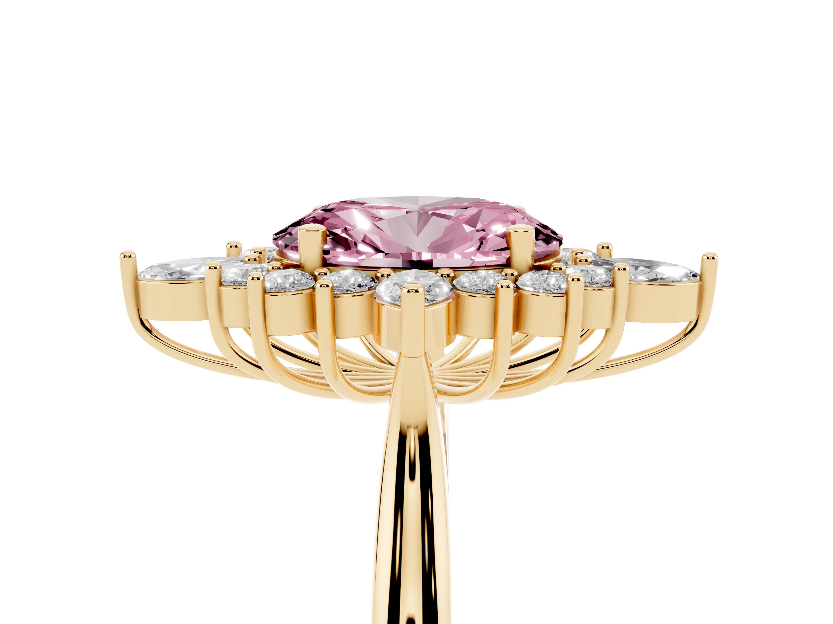 Fancy Pink Oval Cut Diamond Cluster Halo Ring Set in Yellow gold with Marquise and Round Accents
