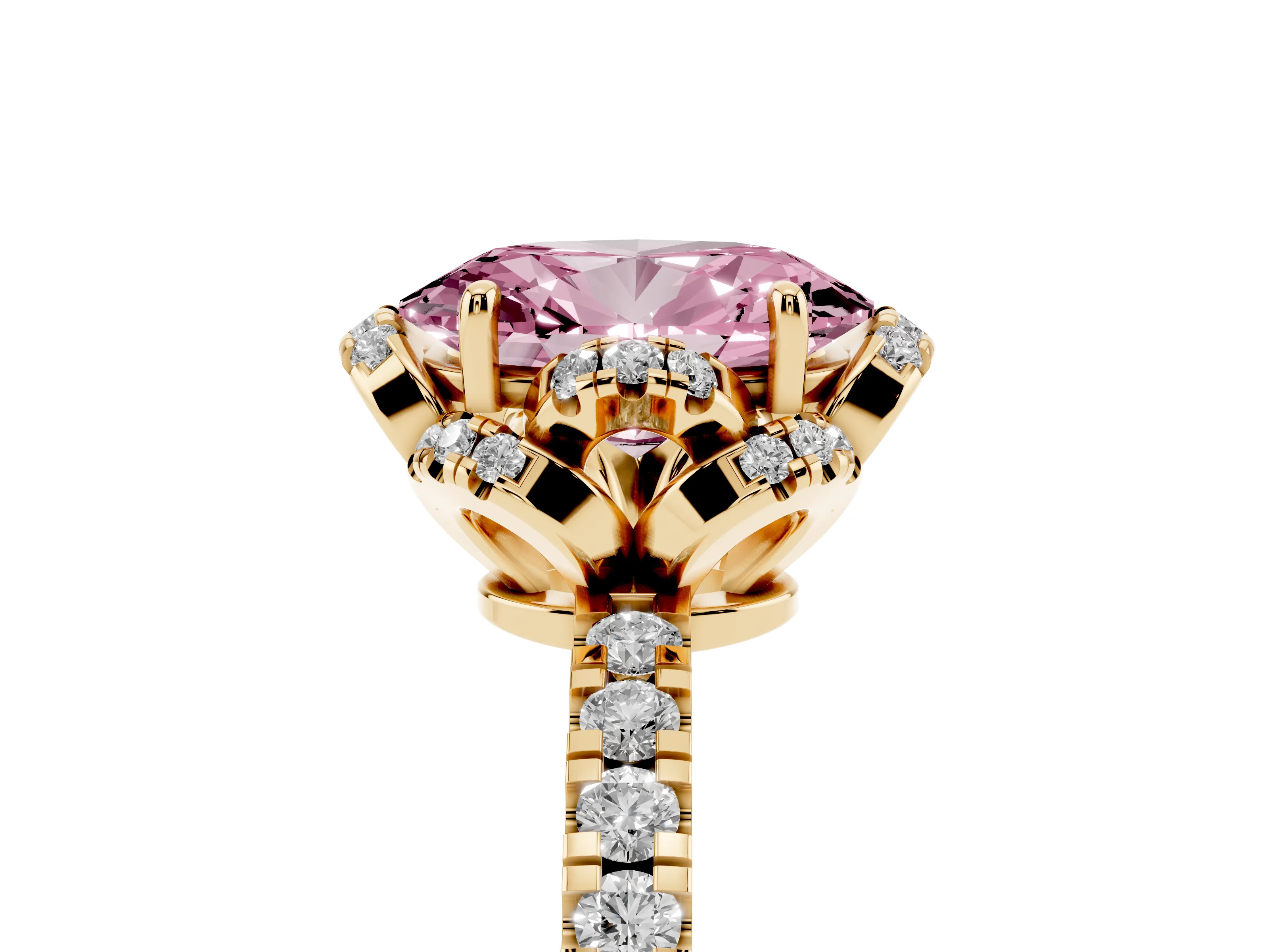 Fancy Pink Oval Cut Diamond Halo Pavé Band Ring Set in Yellow gold with Prong-Held Center