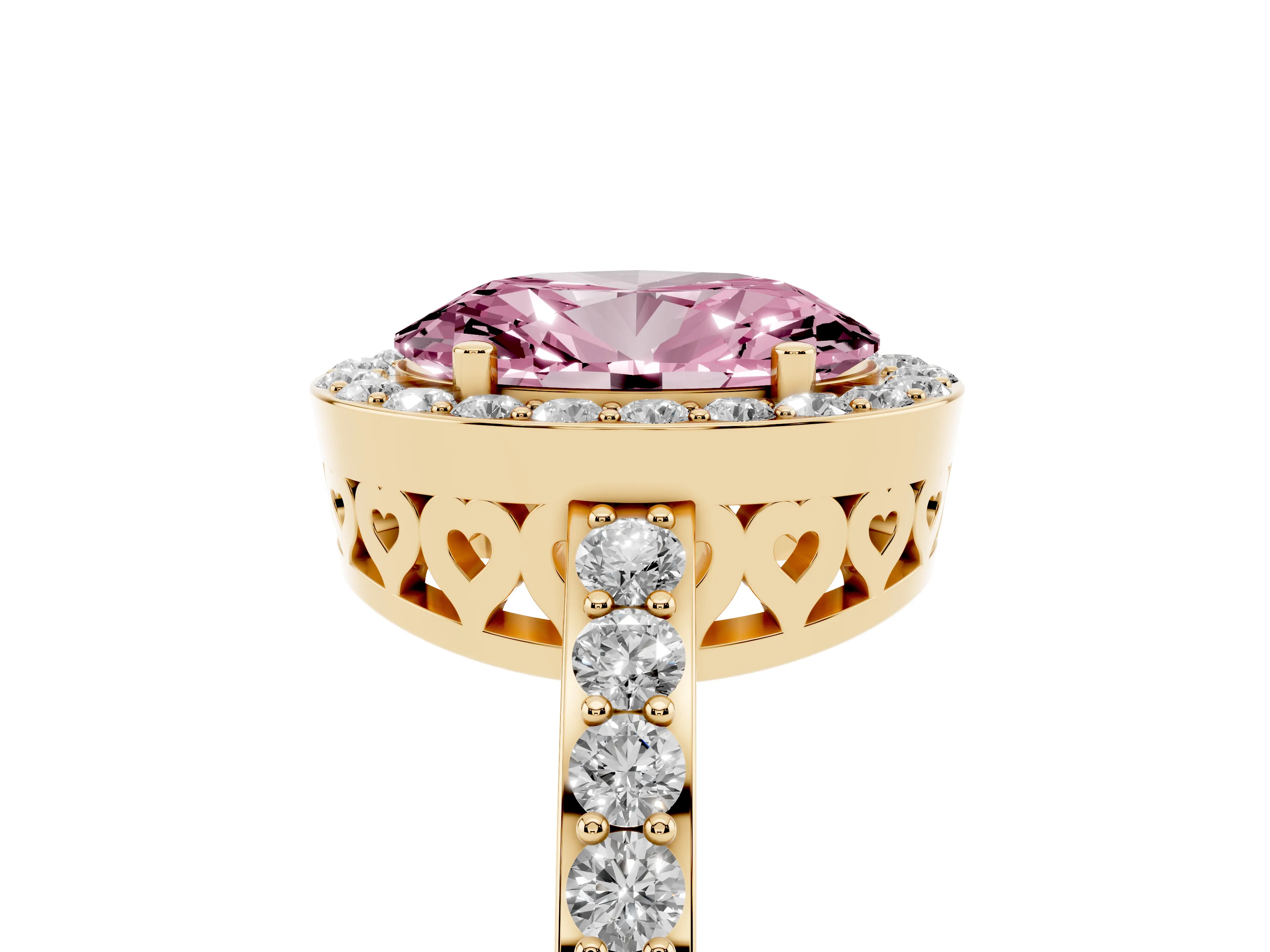 Fancy Pink Oval Cut Diamond Halo Ring Set in Yellow gold with Pavé-Setting Band and Open Prong Center