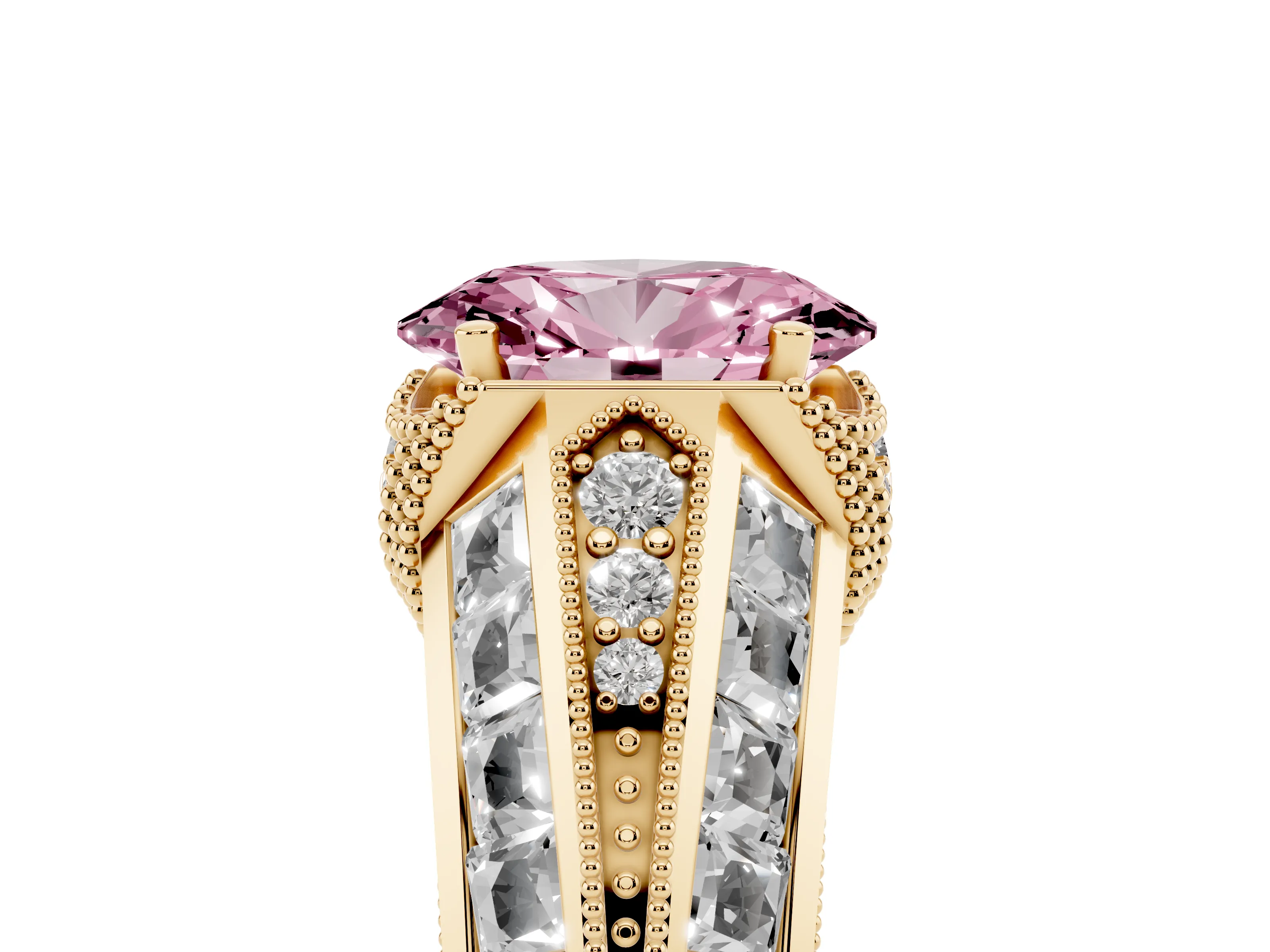 Fancy Pink Oval Cut Diamond Vintage-Inspired Milgrain Ring Set in Yellow gold with Accent Split Shank