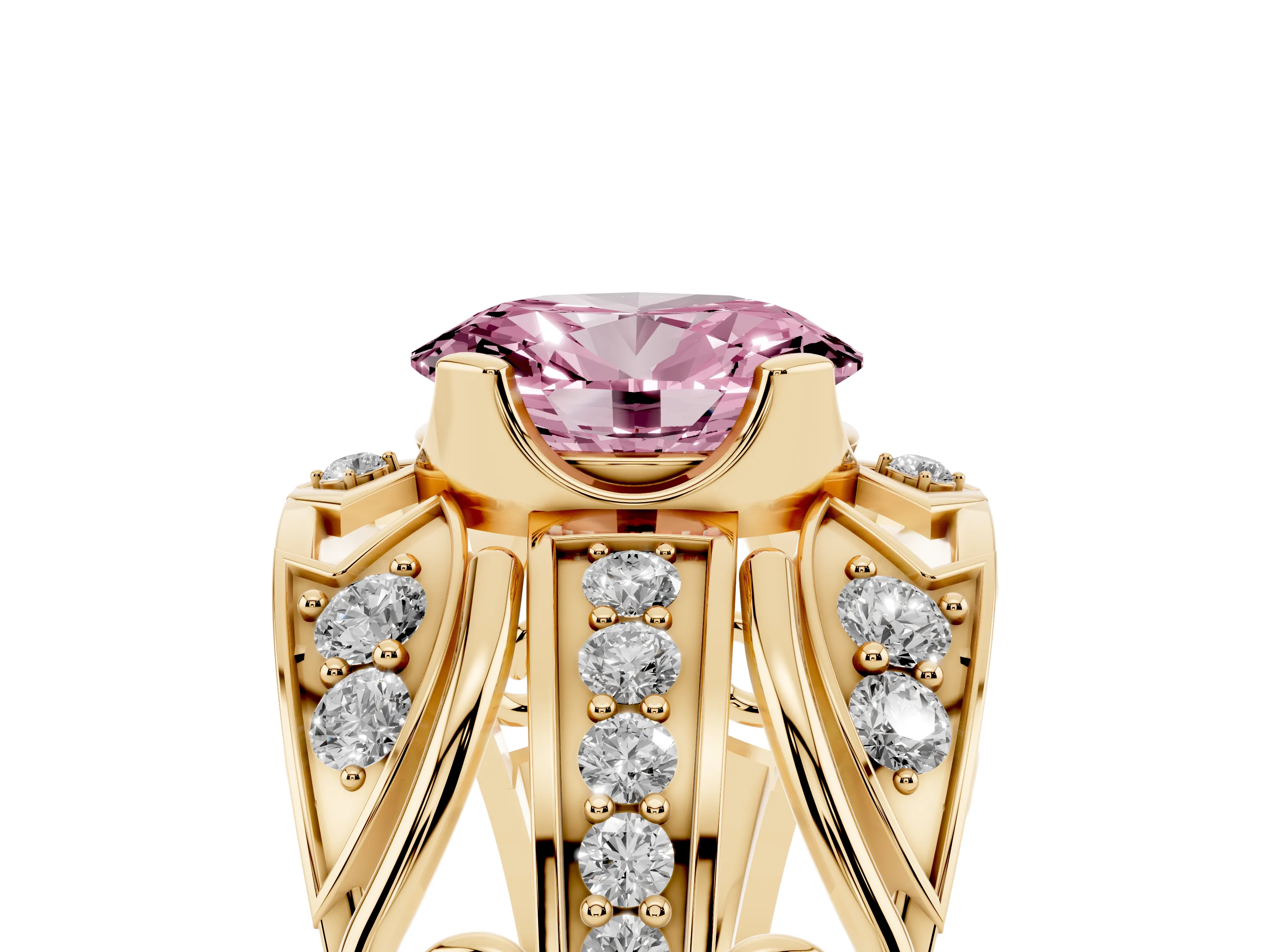 Fancy Pink Oval Cut Diamond Art Deco Ring Set in Yellow gold with Pavé Split Shank
