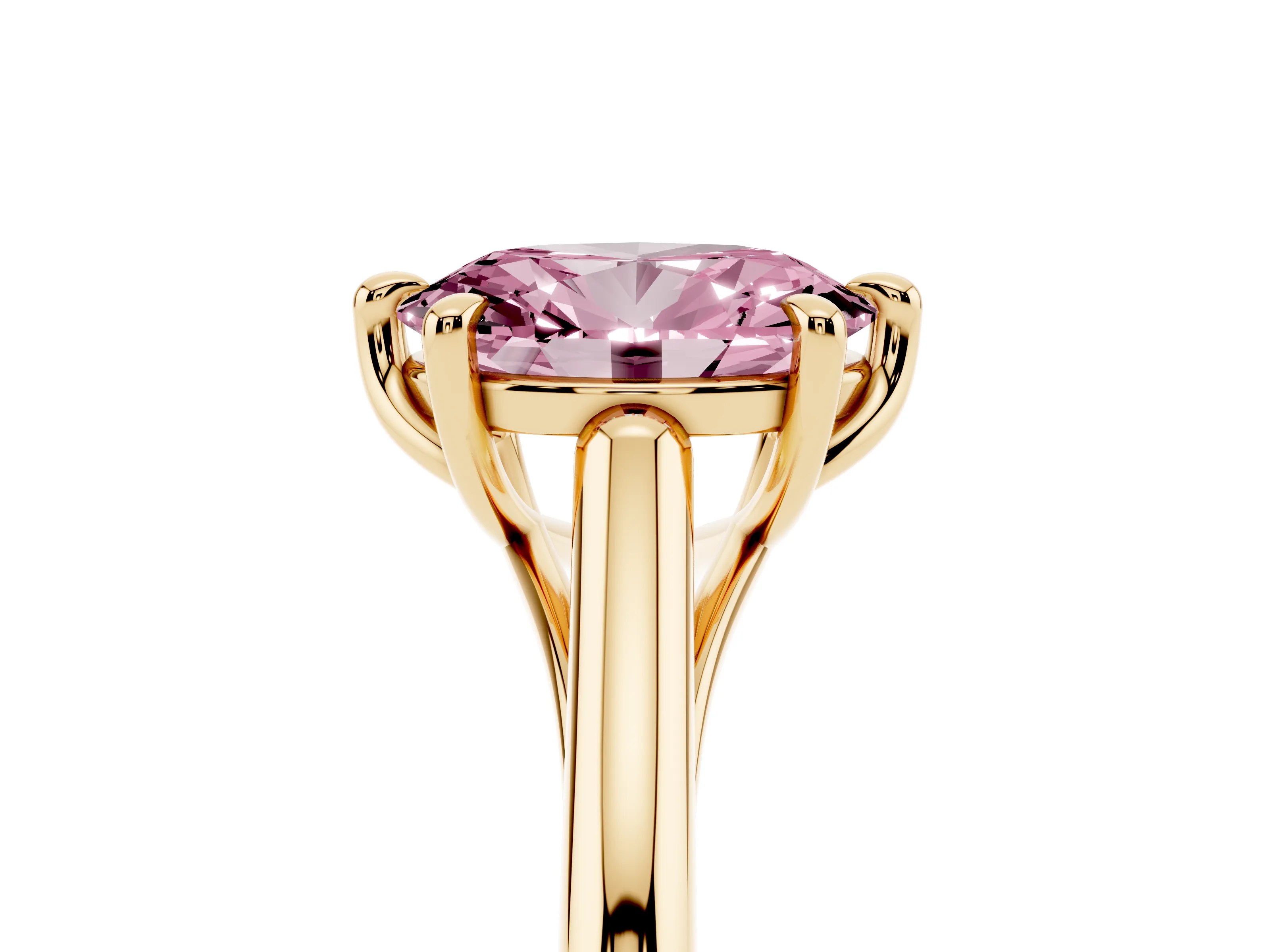 Fancy Pink Oval Cut Diamond Solitaire Engagement Ring Set in Yellow gold with Prong Setting and Plain Classic Band
