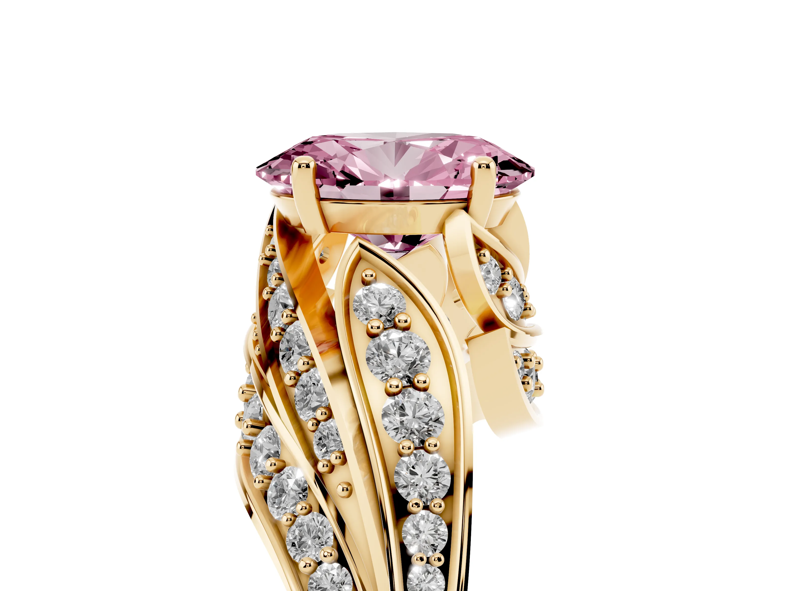 Fancy Pink Oval Cut Diamond Solitaire Ring Set in Yellow gold with Layered Twist Pavé Band