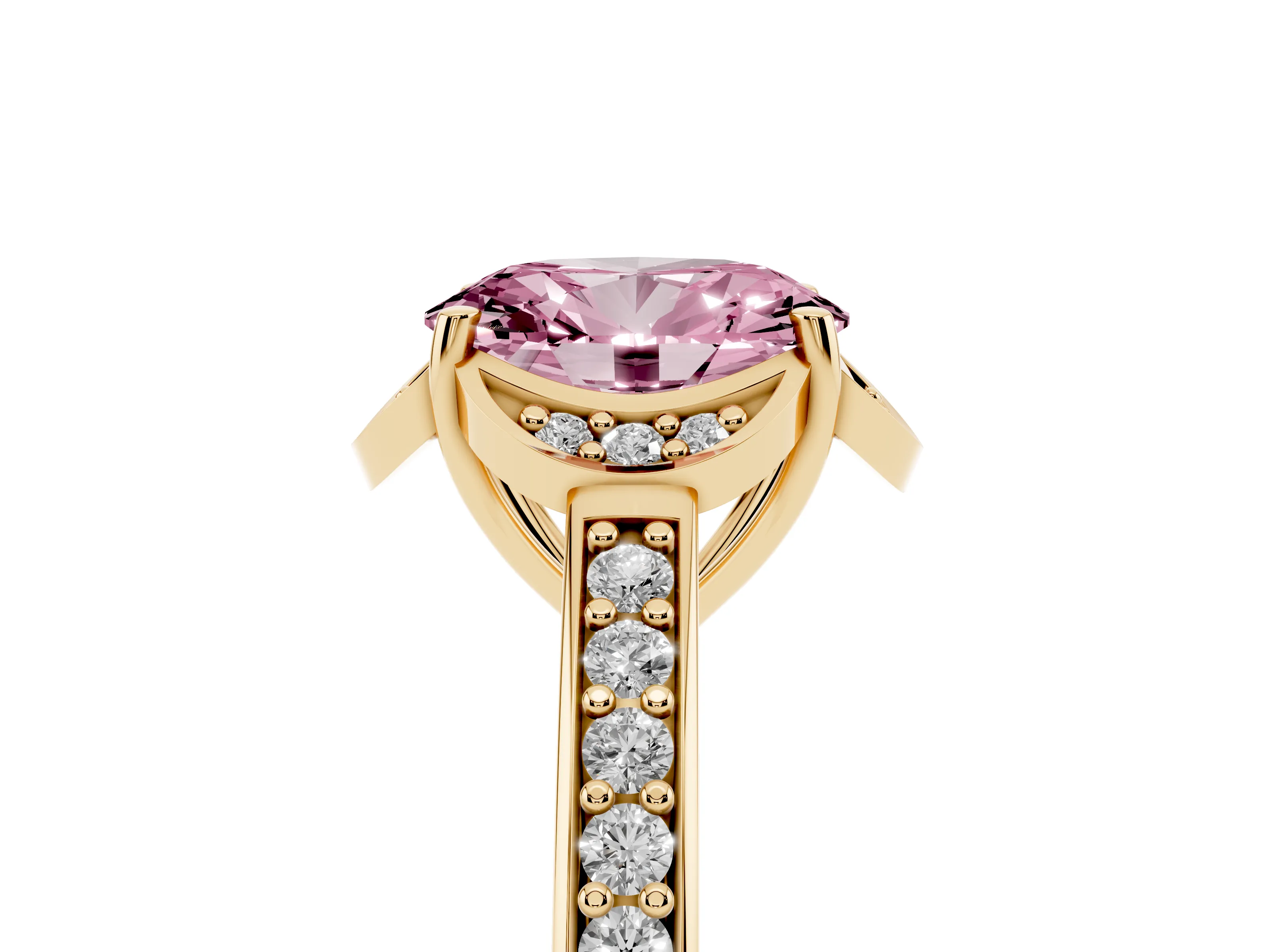 Fancy Pink Oval Cut Diamond Halo Ring Set in Yellow gold with Channel Set Band and Prong Setting
