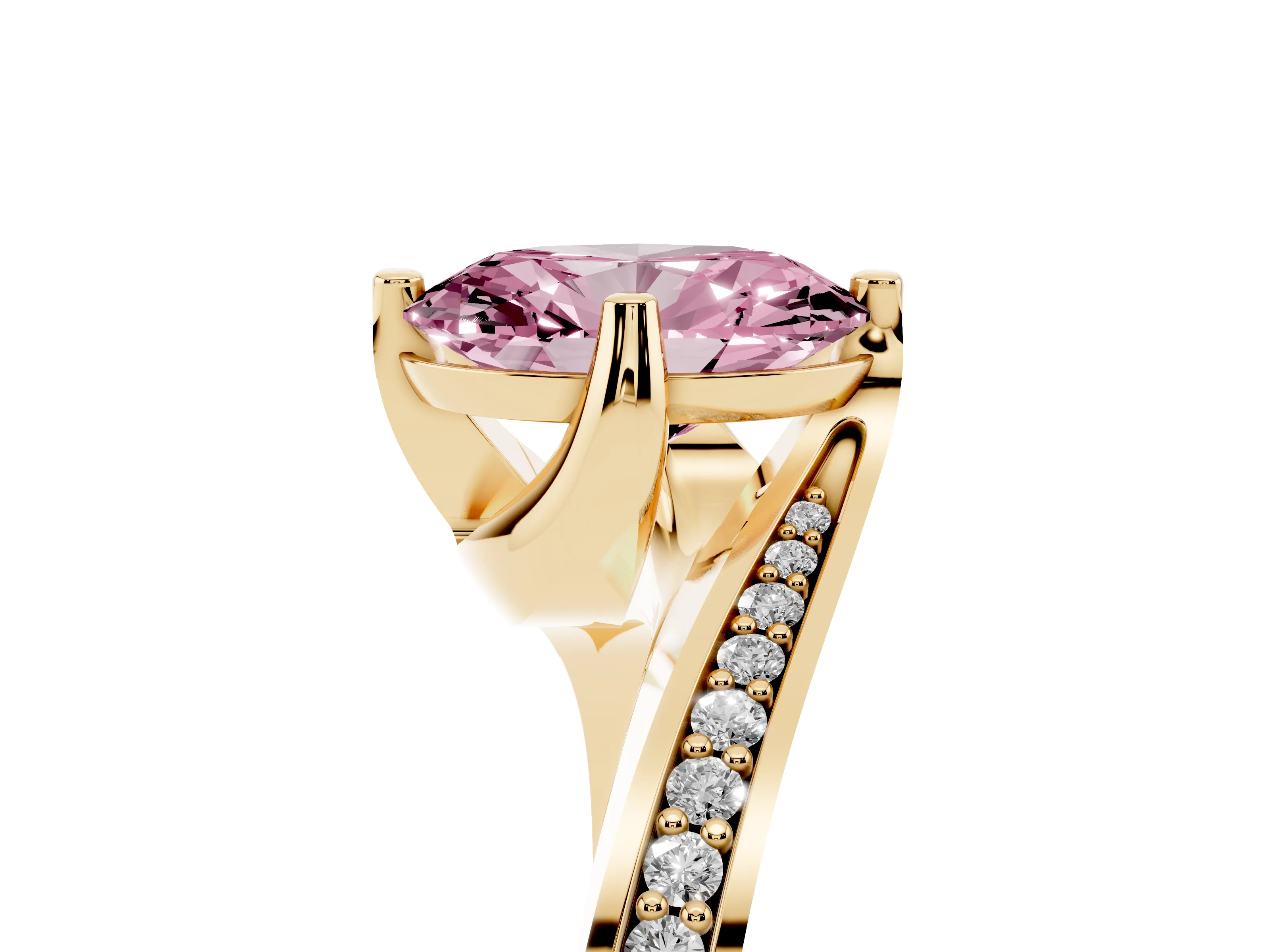 Fancy Pink Oval Cut Diamond Solitaire Ring Set in Yellow gold with Intertwined Pavé Twist Band