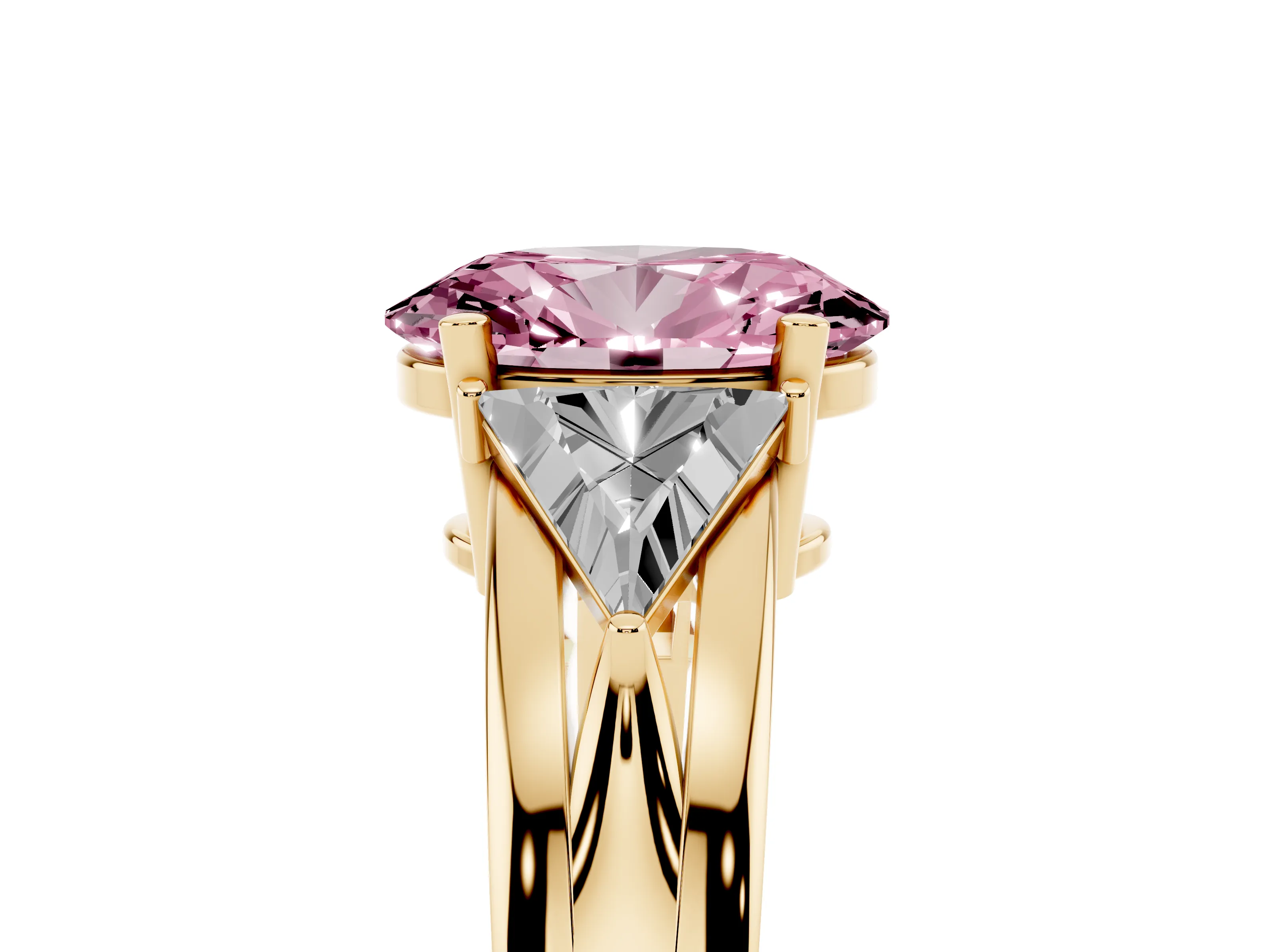 Fancy Pink Oval Cut Diamond Three-Stone Ring Set in Yellow gold with Trillion Side Stones and Split Shank