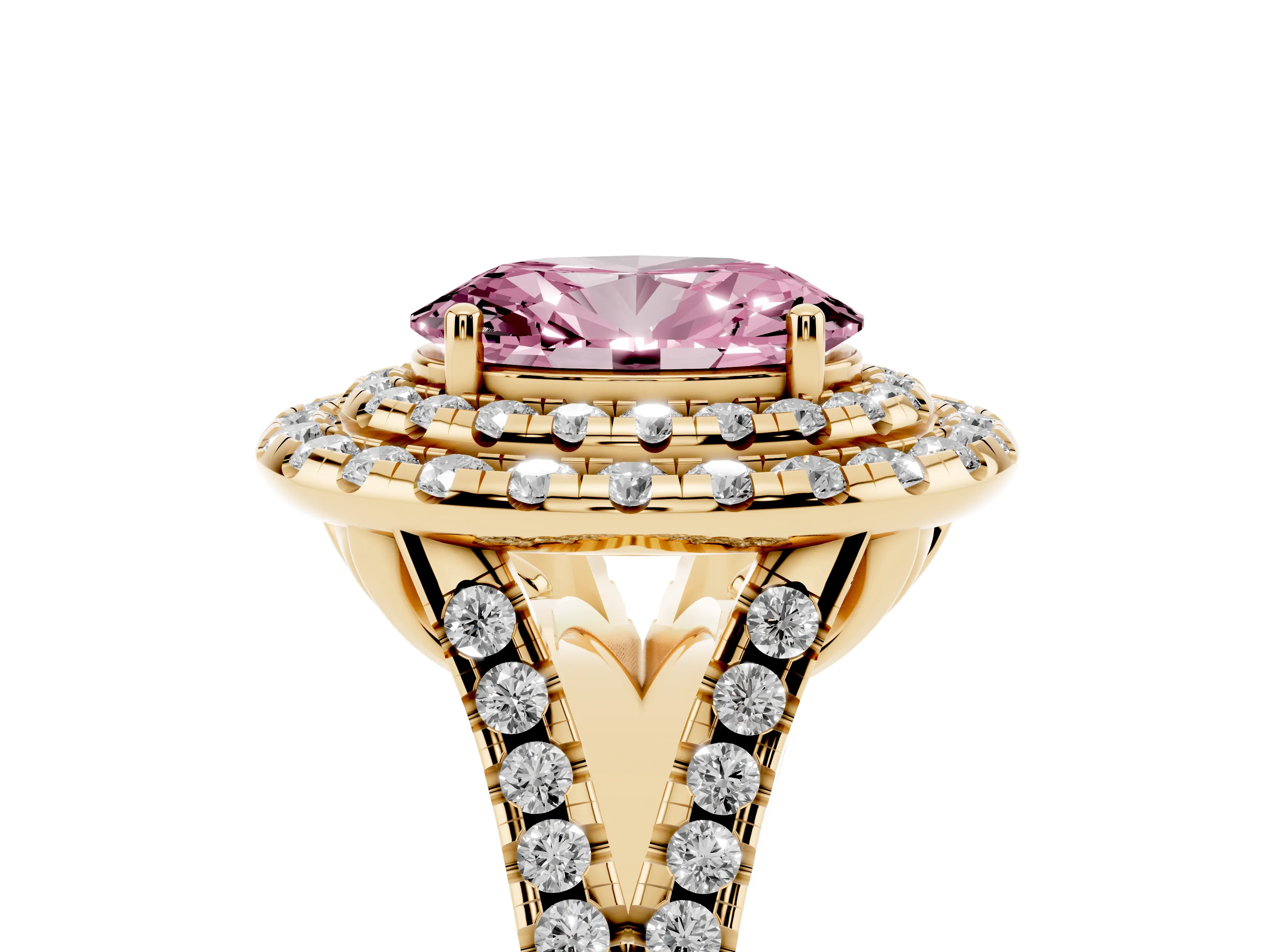 Fancy Pink Oval Cut Diamond Double Halo Ring Set in Yellow gold with Pavé Split Shank and Prong Setting