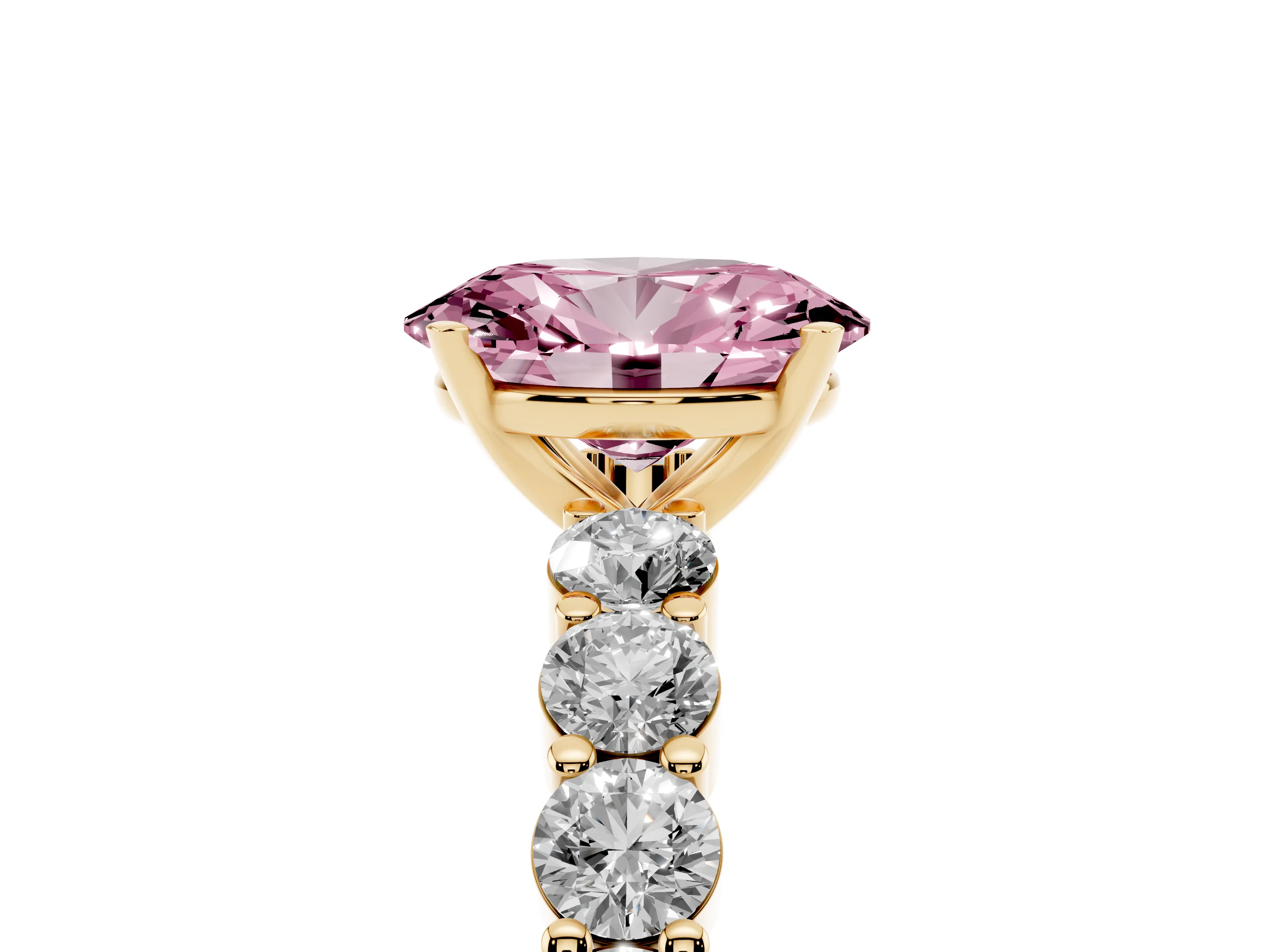Fancy Pink Oval Cut Diamond Solitaire Ring Set in Yellow gold with Shared Prong Round Side Stones