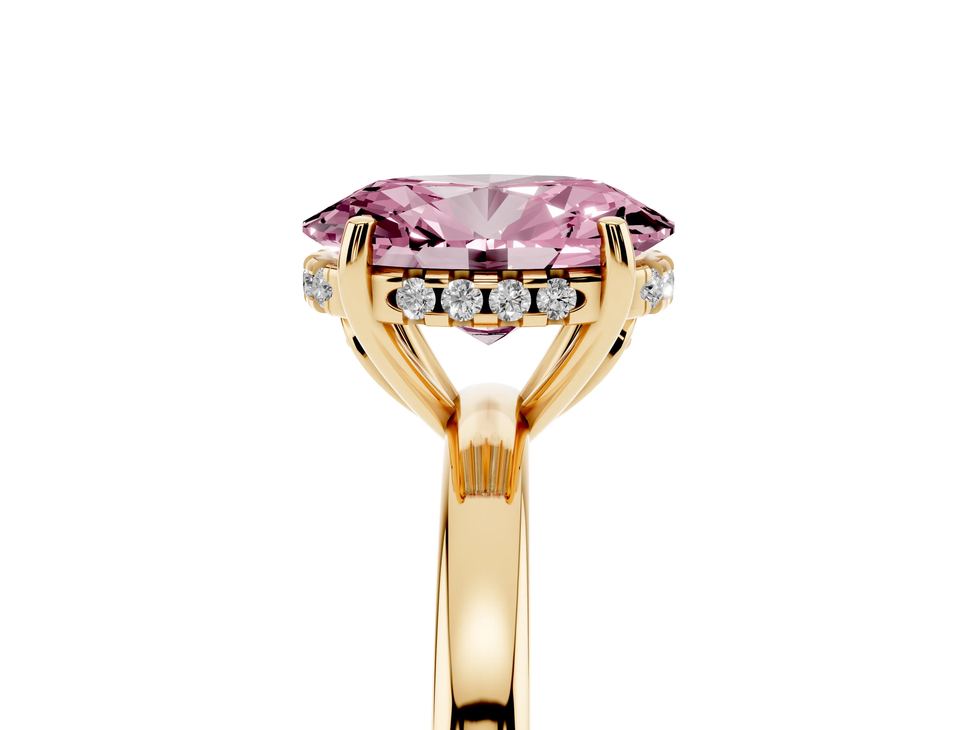 Fancy Pink Oval Cut Diamond Solitaire Ring Set in Yellow gold with Plain Band and Prong Setting