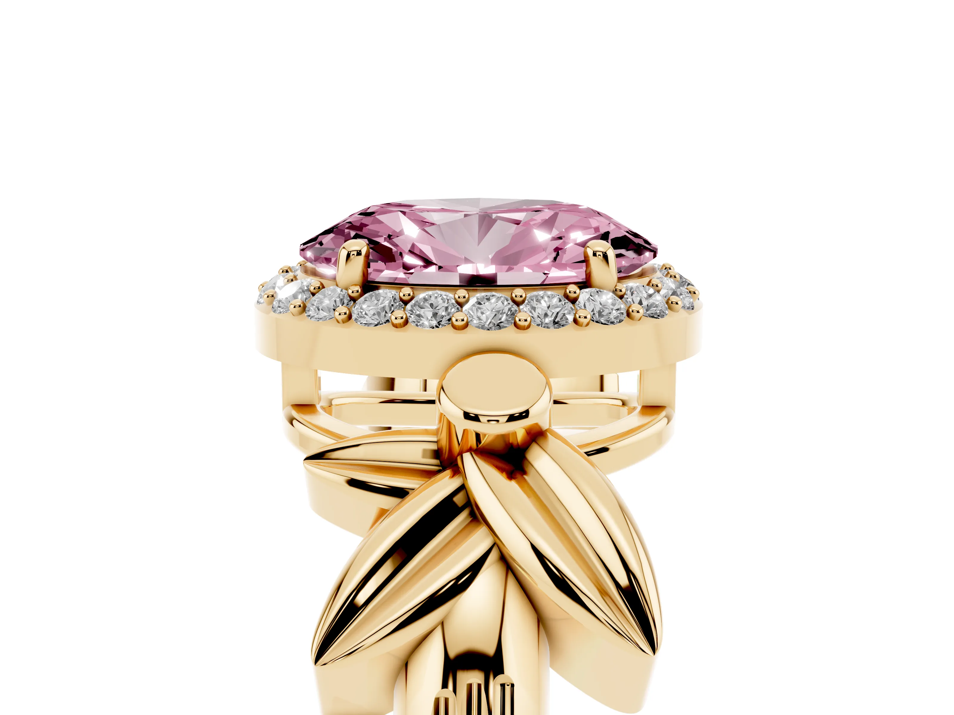 Fancy Pink Oval Cut Diamond Halo Floral Band Ring Set in Yellow gold with Prong Setting