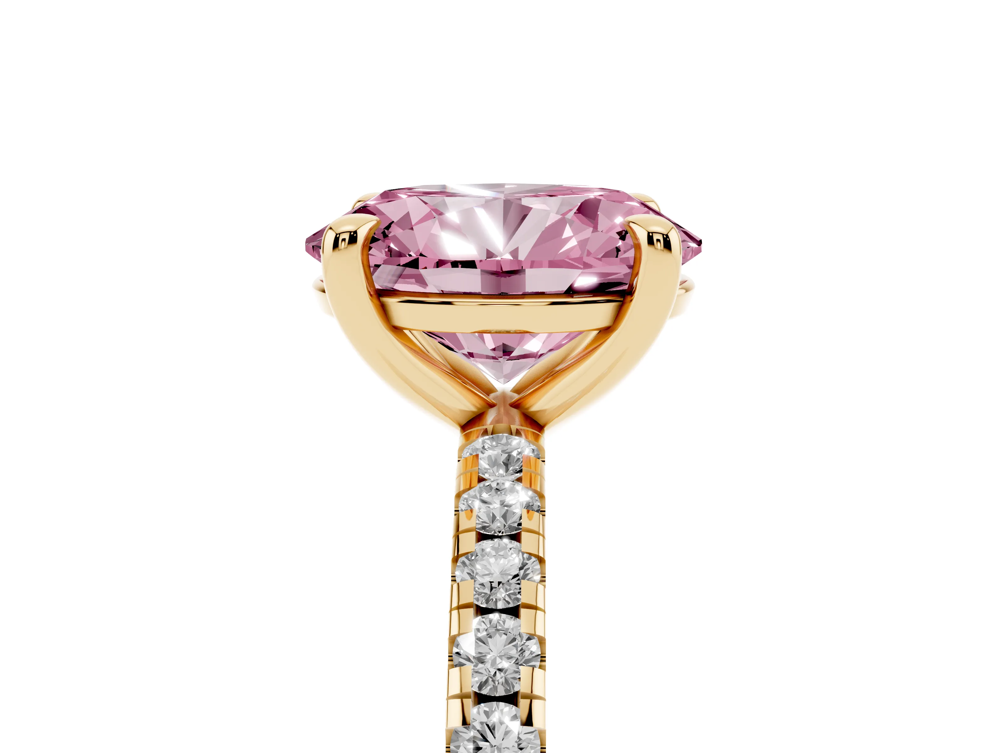Fancy Pink Oval Cut Diamond Brilliant Solitaire Ring Set in Yellow gold with Pavé Band and Prong Setting