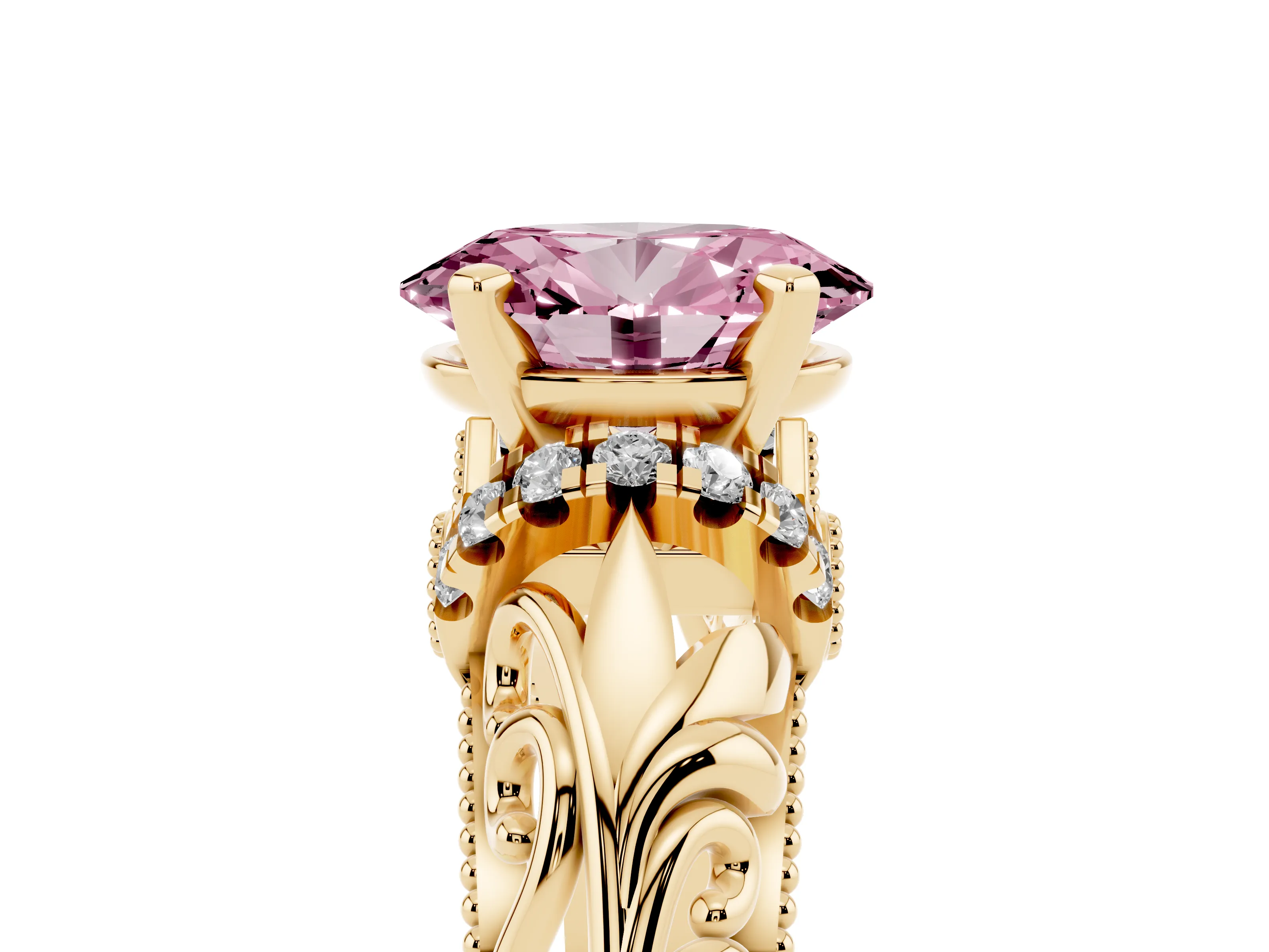 Fancy Pink Oval Cut Diamond Filigree Halo Engagement Ring Set in Yellow gold with Prong Setting