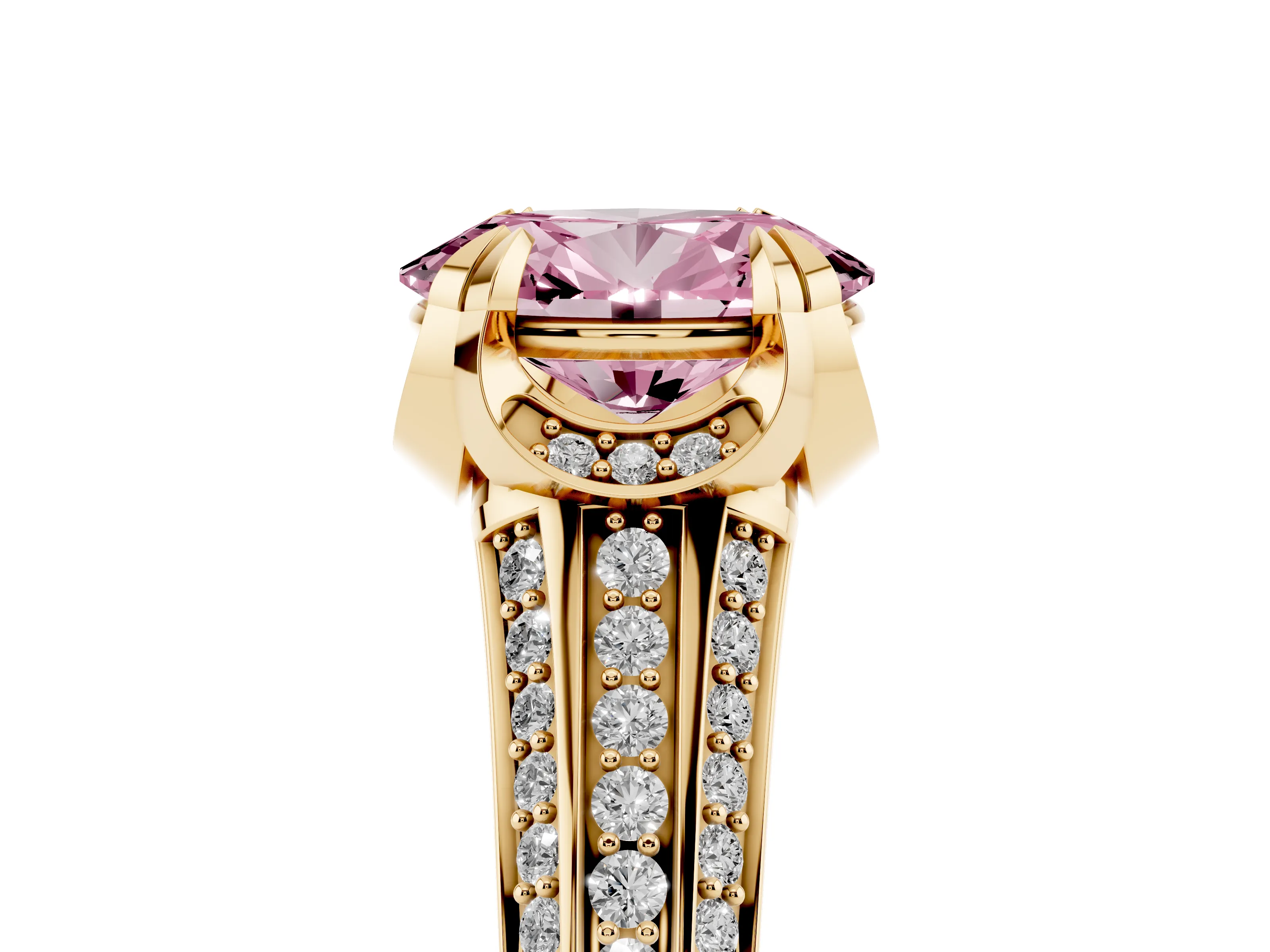 Fancy Pink Oval Cut Diamond Pavé Split Shank Solitaire Ring Set in Yellow gold with Prong Setting