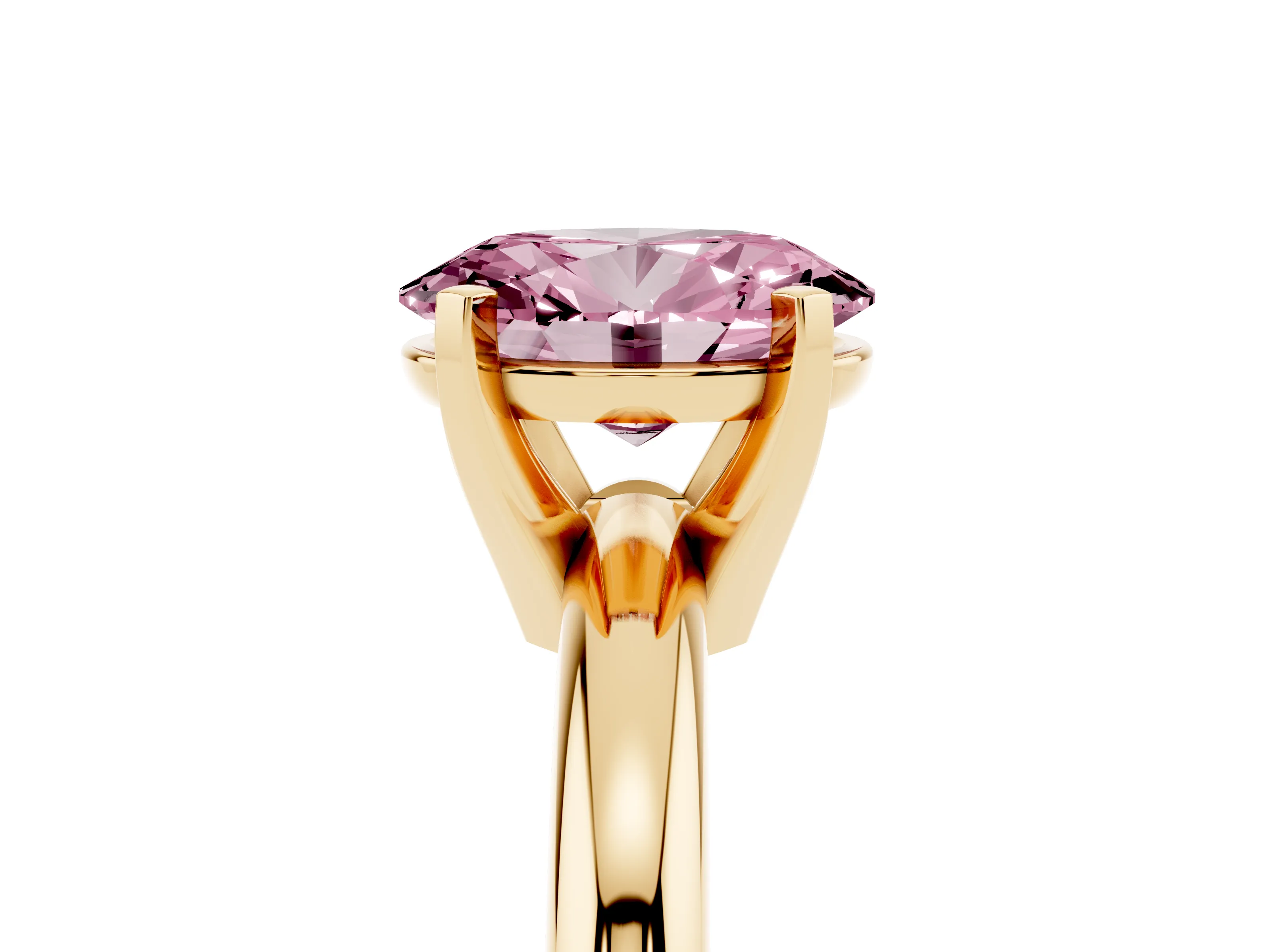 Fancy Pink Oval Cut Diamond Solitaire Engagement Ring Set in Yellow gold with Round Band and Prong Setting