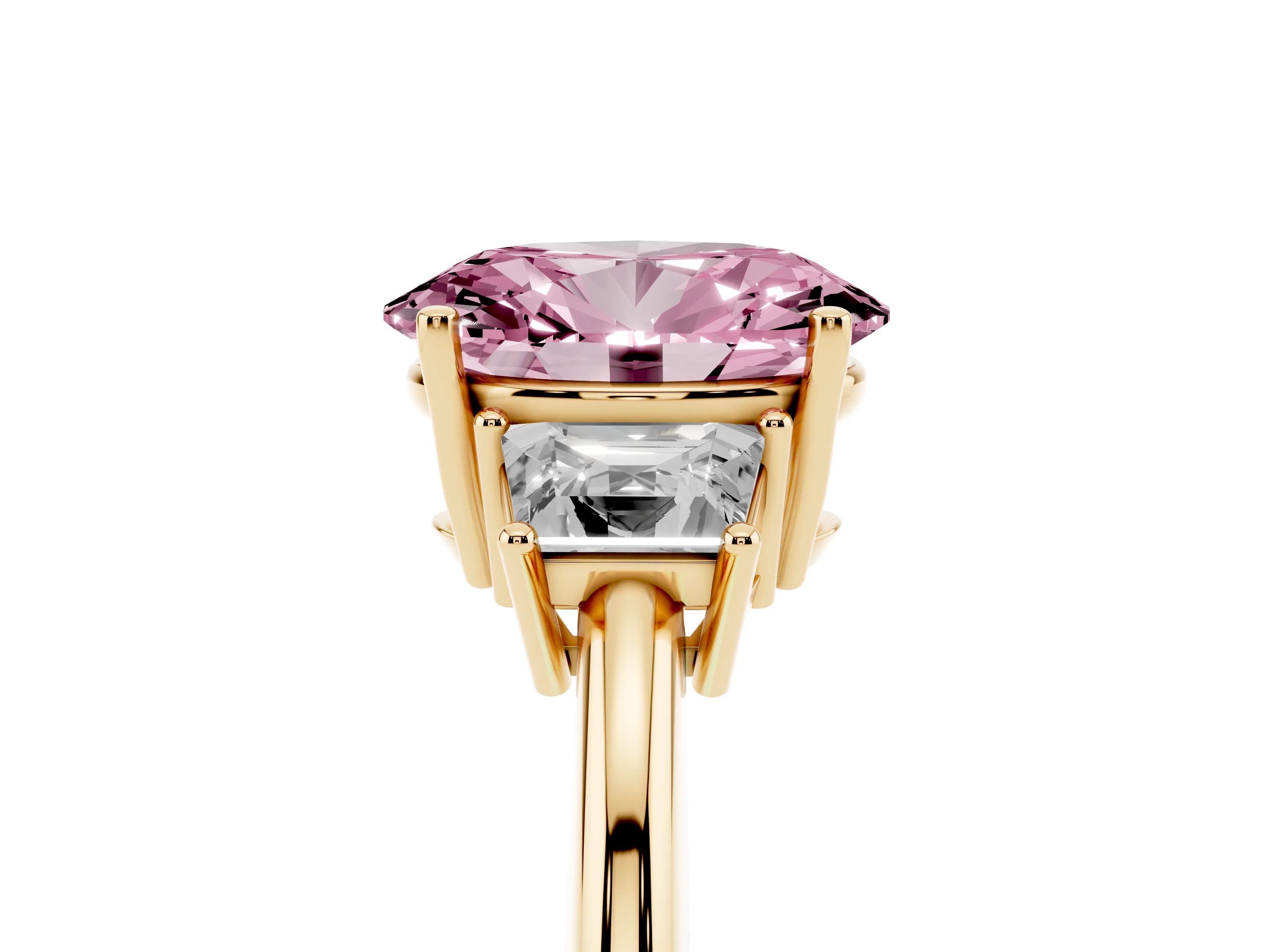 Fancy Pink Oval Cut Diamond Three-Stone Ring Set in Yellow gold with Trapezoid Side Stones and Prong Setting