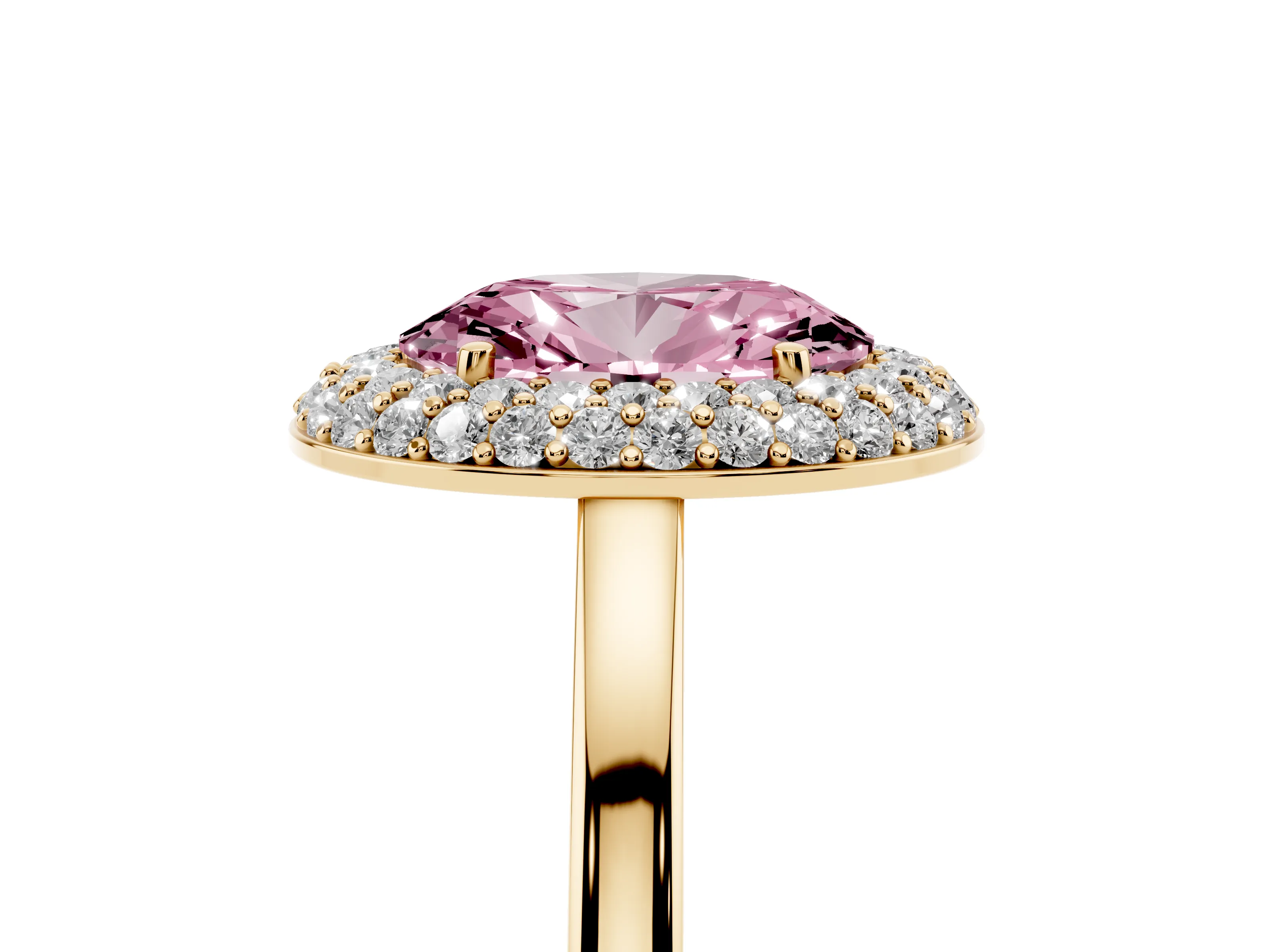 Fancy Pink Oval Cut Diamond Halo Engagement Ring Set in Yellow gold with Solitaire Band and Prong Setting