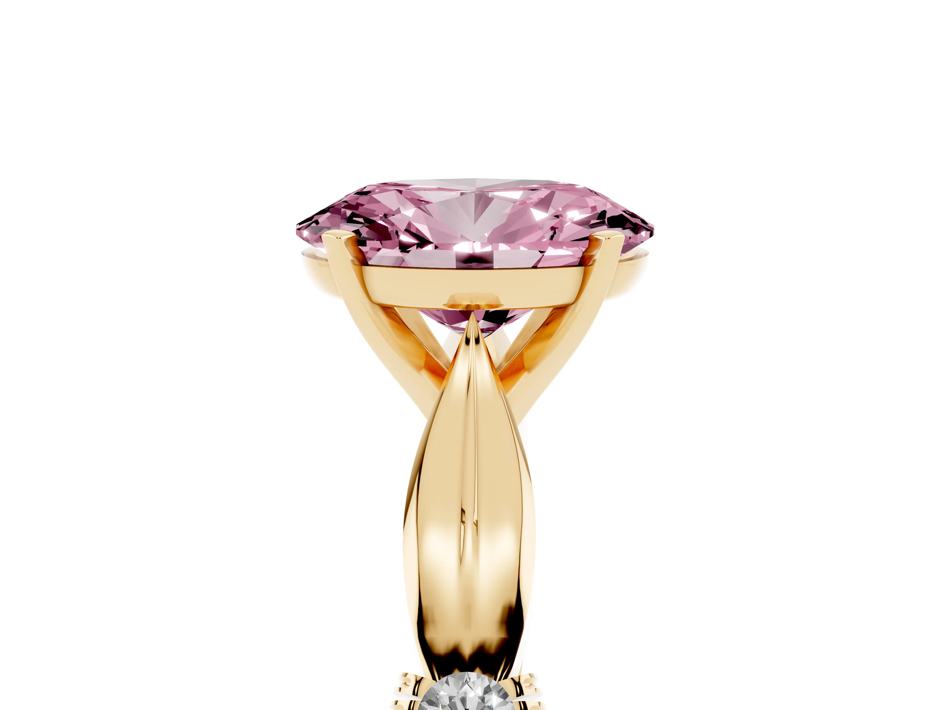 Fancy Pink Oval Cut Diamond Solitaire Twisted Band Ring Set in Yellow gold with Accent Stones and Prong Setting