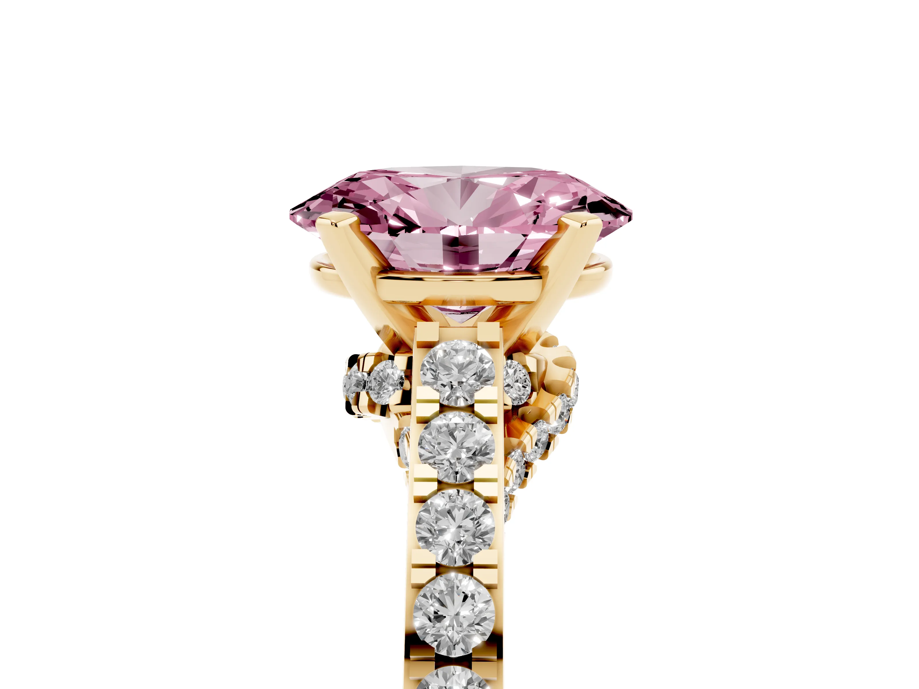 Fancy Pink Oval Cut Diamond Solitaire Ring Set in Yellow gold with Crossover Gallery and Round Pavé Band