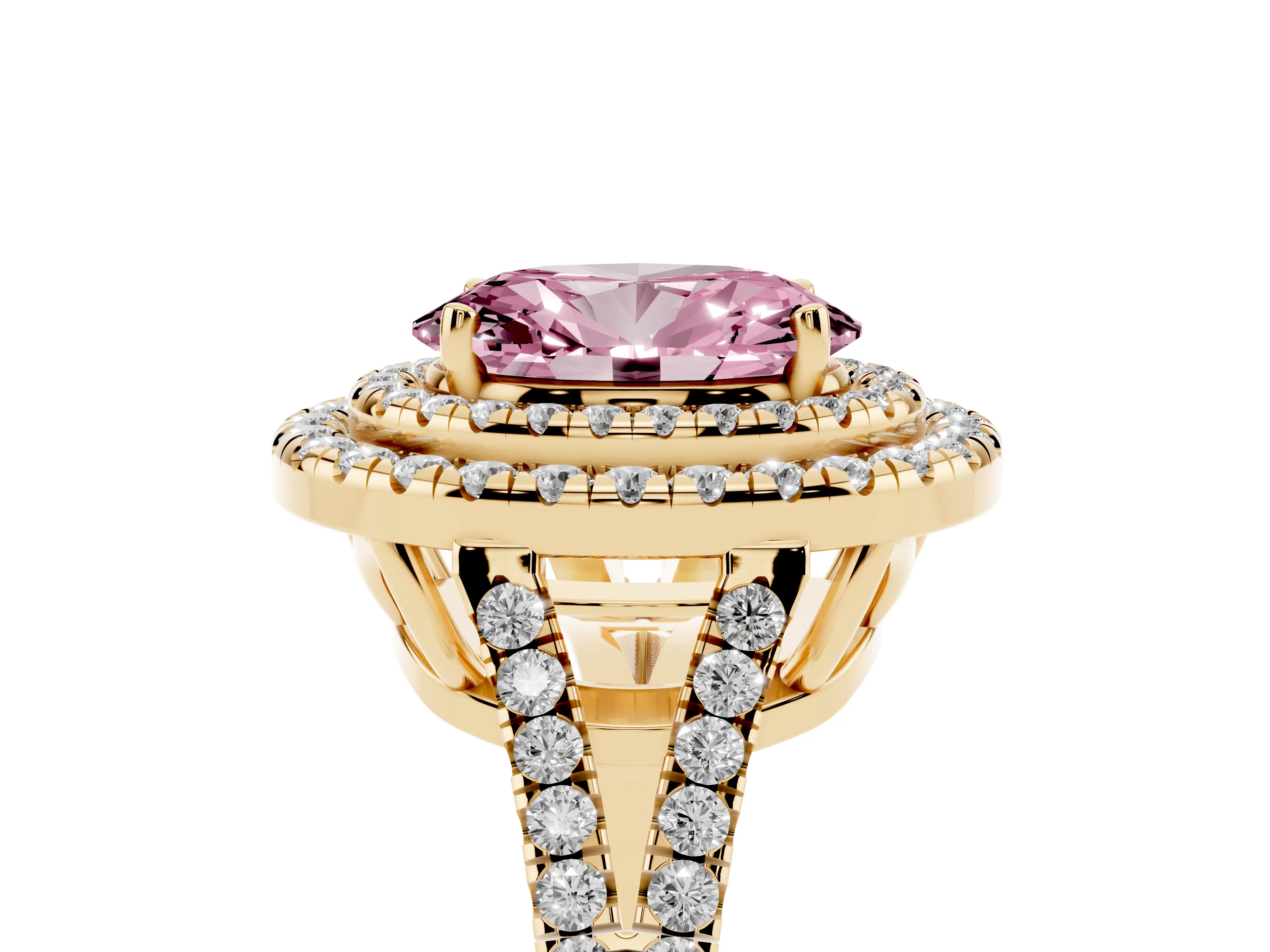 Fancy Pink Oval Cut Diamond Double Halo Ring Set in Yellow gold with Pavé Band