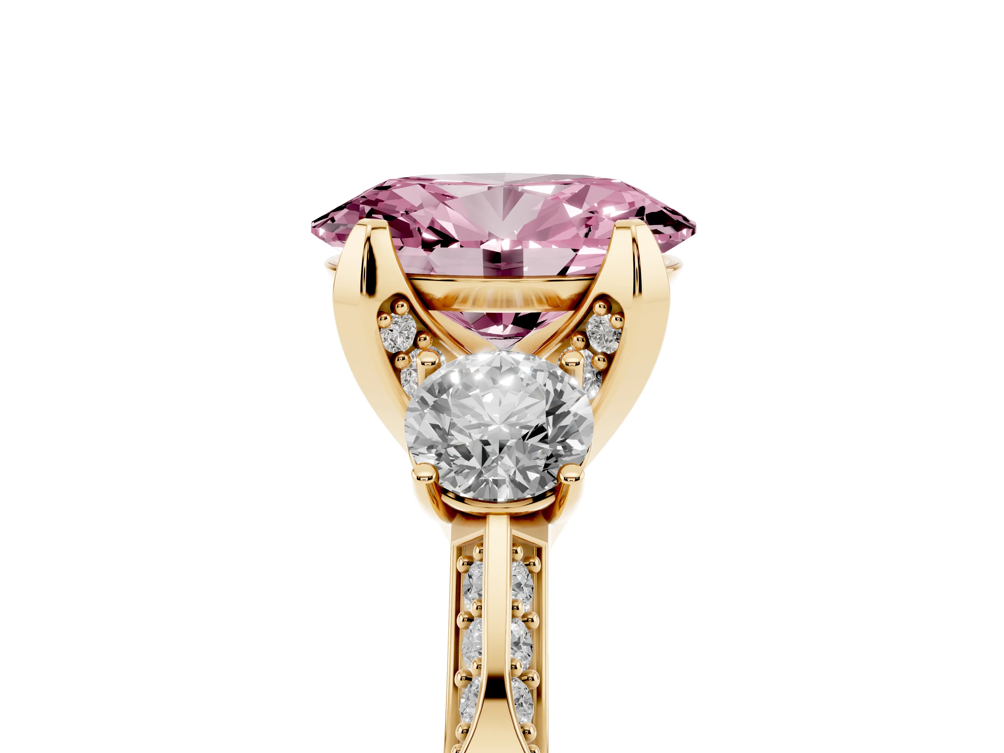 Fancy Pink Oval Cut Diamond Three-Stone Ring Set in Yellow gold with Pavé Band and Smaller Side Stones