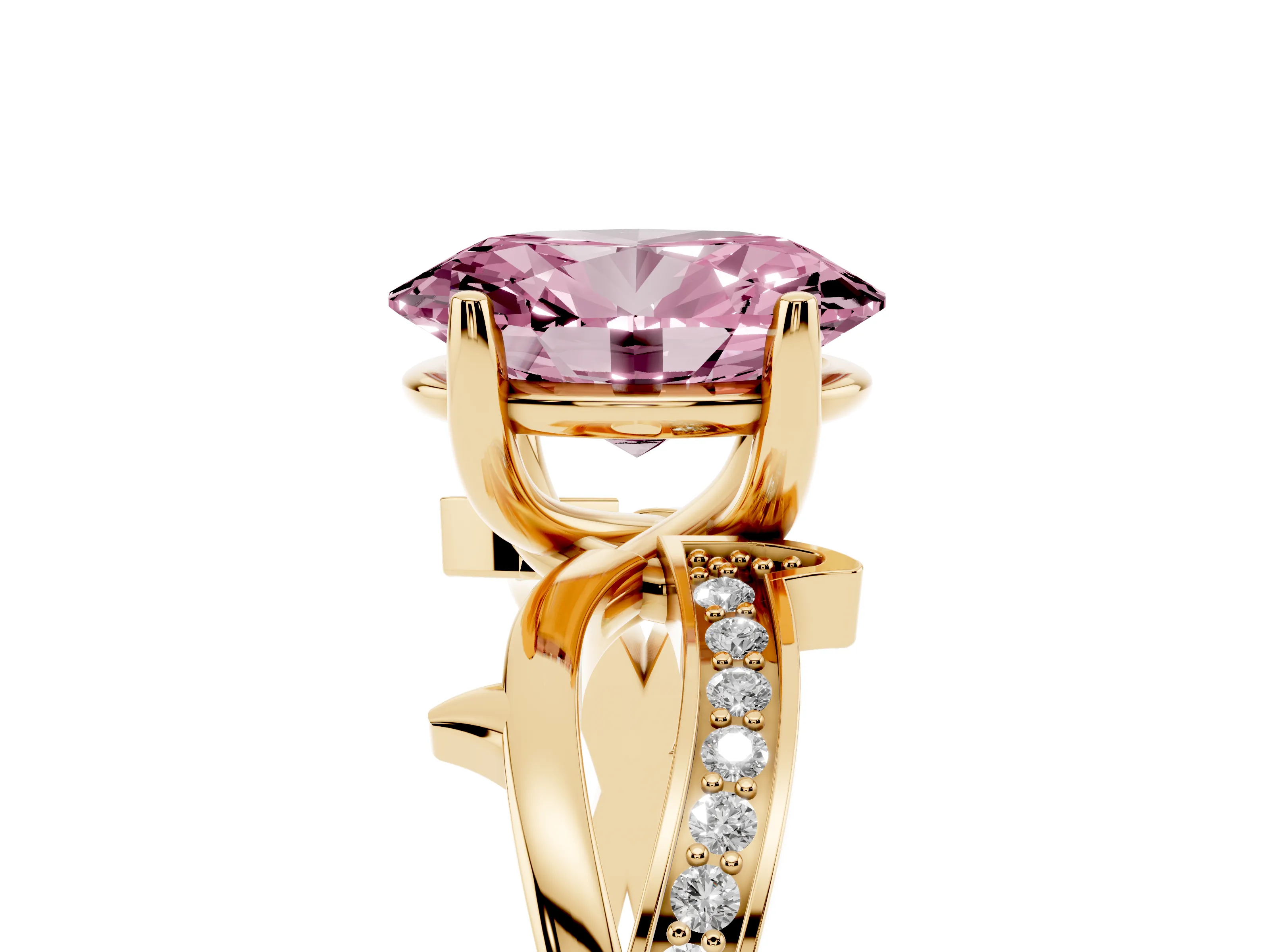 Fancy Pink Oval Cut Diamond Pavé Twist Band Solitaire Ring Set in Yellow gold with Prong Setting