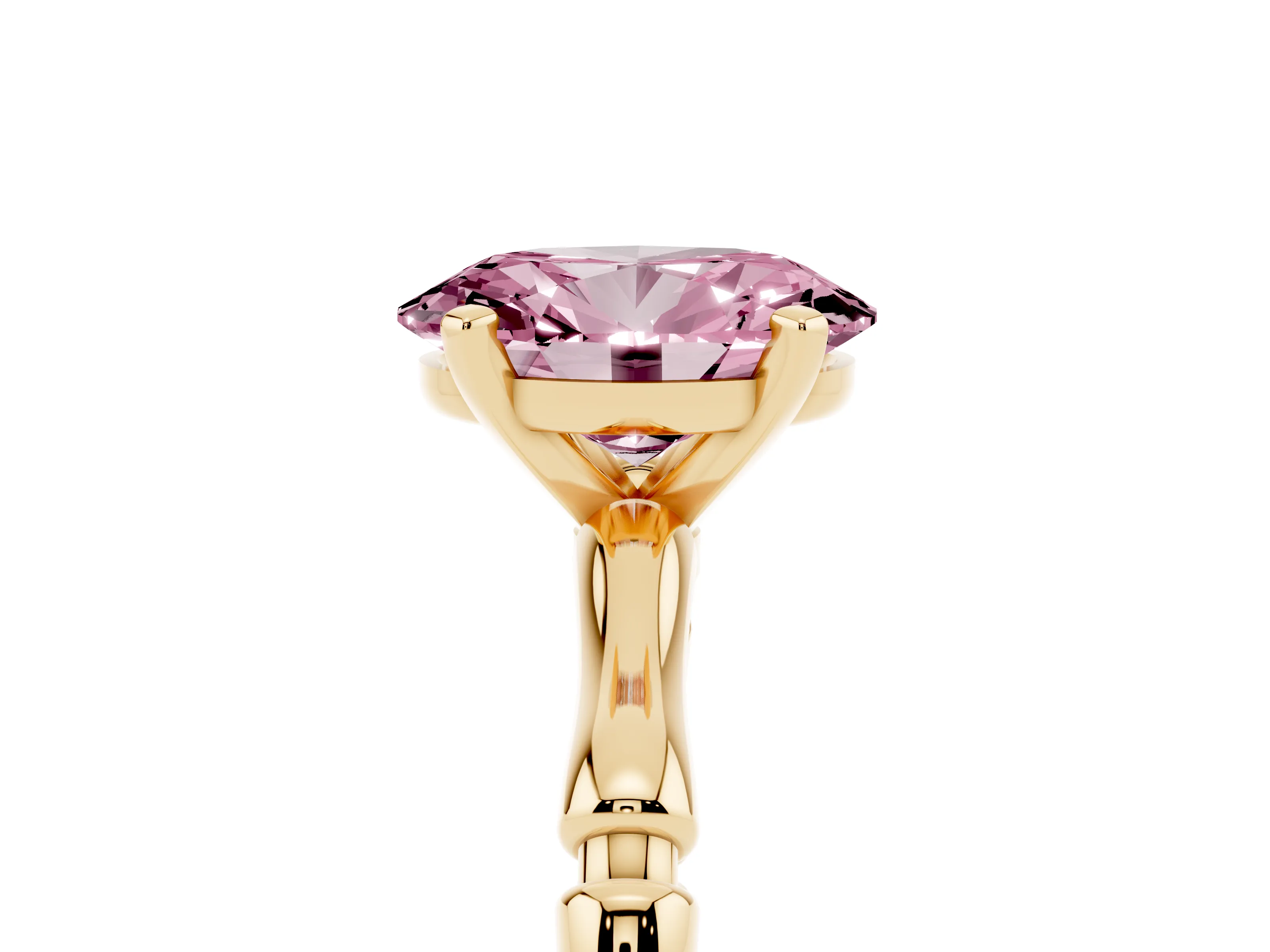 Fancy Pink Oval Cut Diamond Solitaire Ring Set in Yellow gold with Bamboo Band and Prong Setting