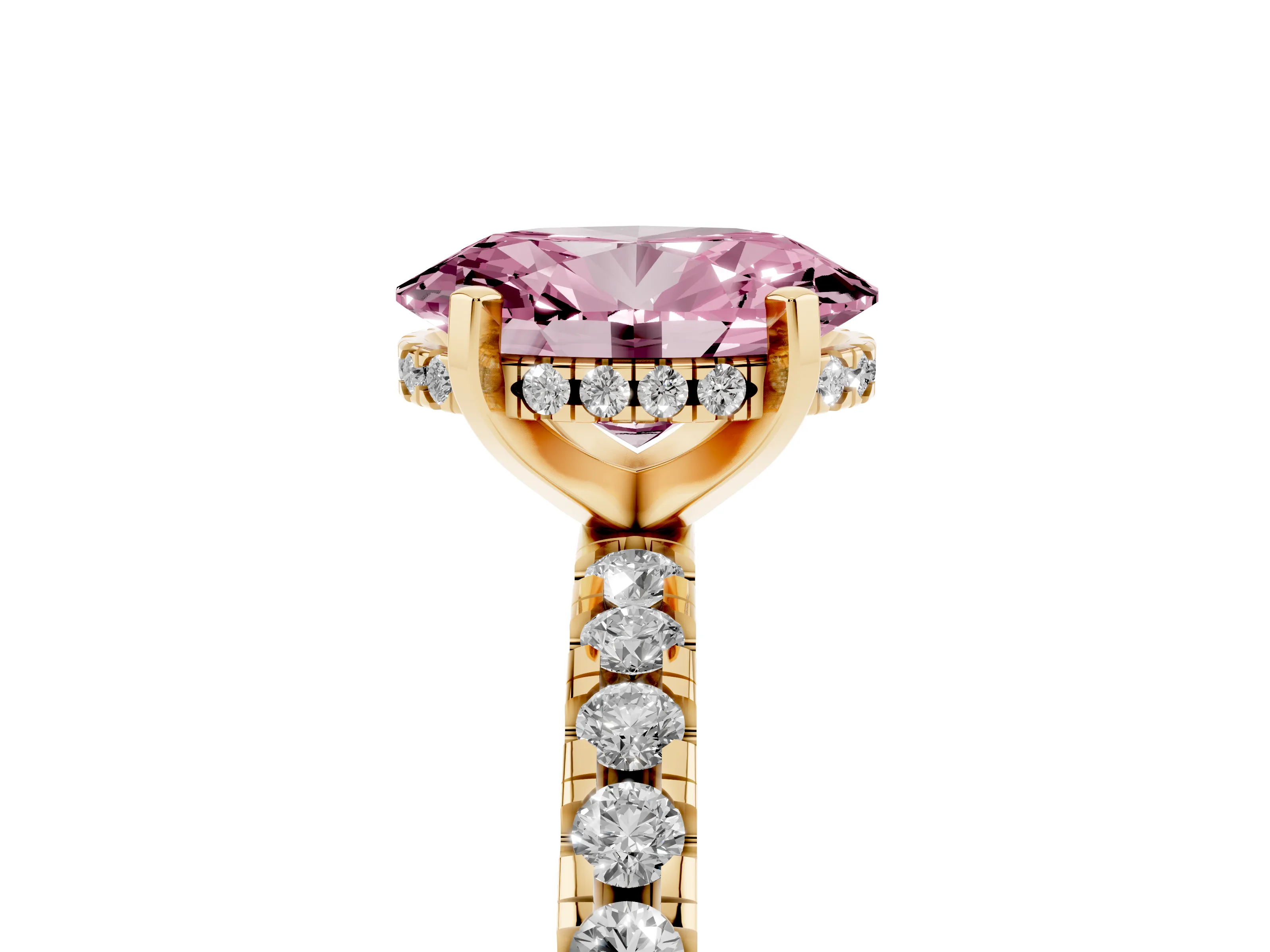 Fancy Pink Oval Cut Diamond Pavé Solitaire Ring Set in Yellow gold with Round Band Accents and Prong Setting