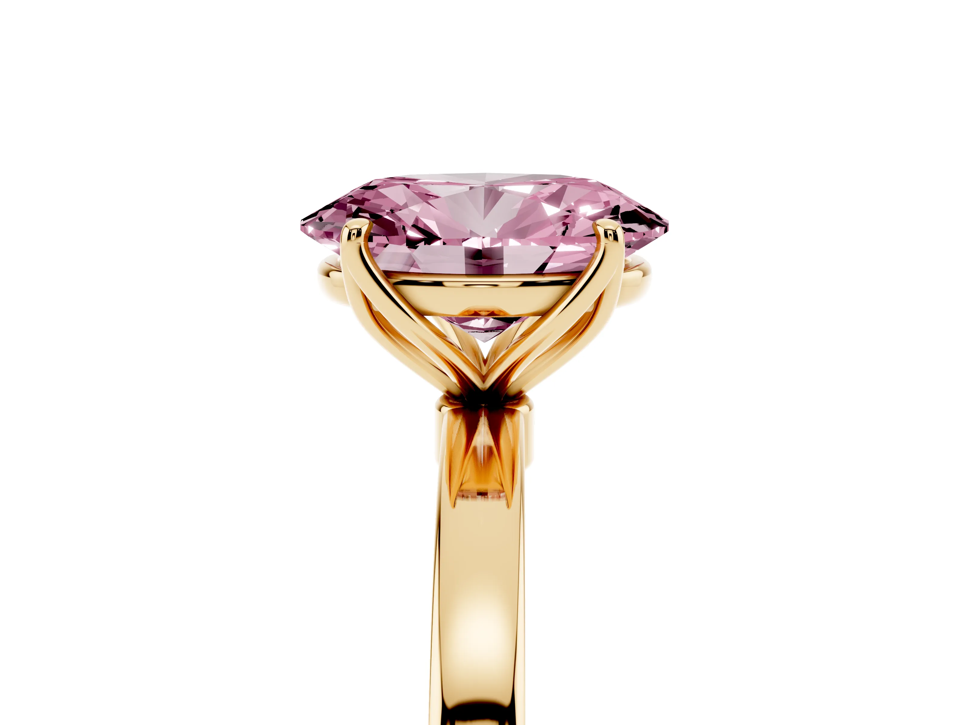 Fancy Pink Oval Cut Diamond Solitaire Ring Set in Yellow gold with Prong Setting and Thin Polished Band