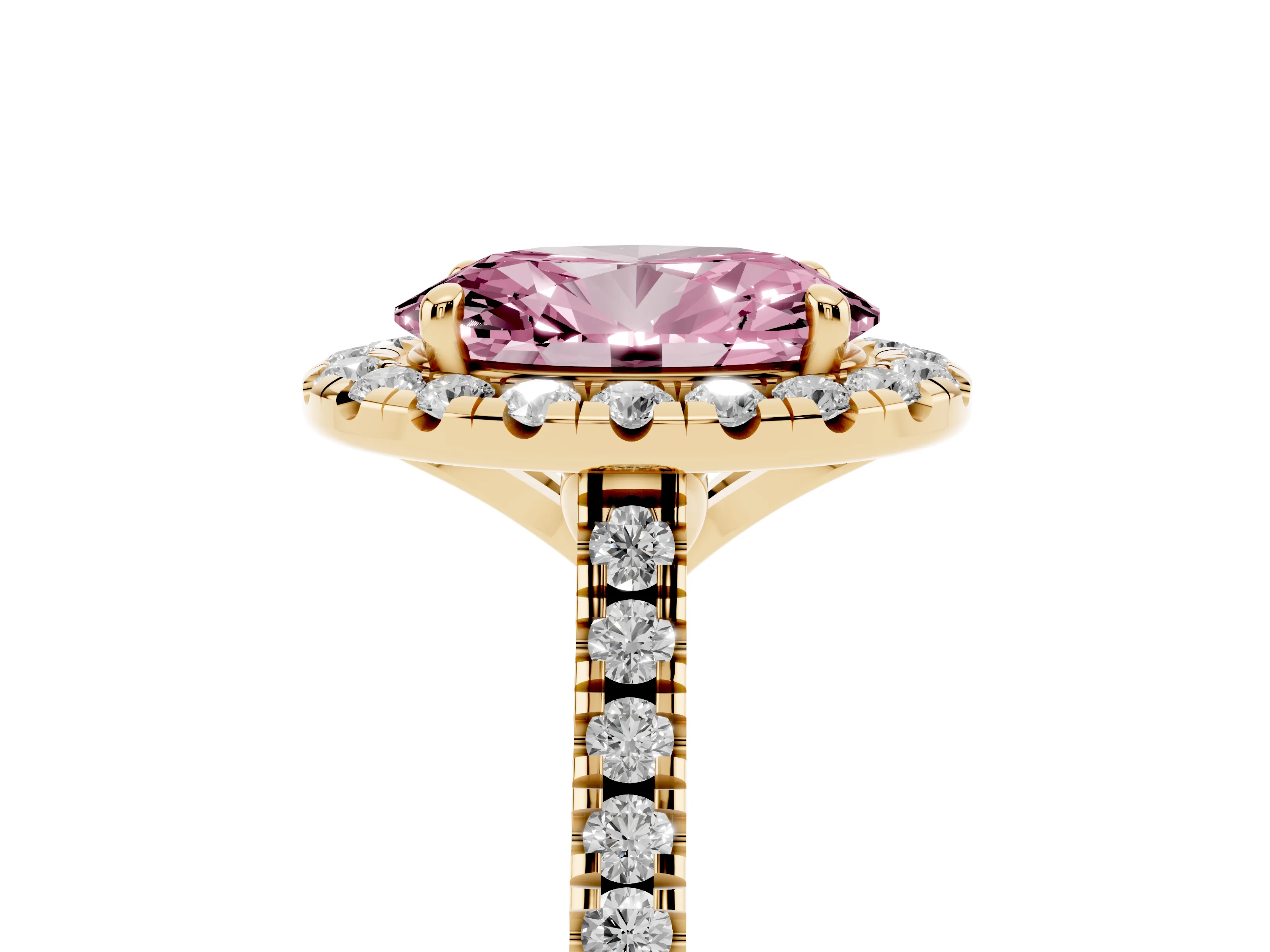Fancy Pink Oval Cut Diamond Cushion Halo Ring Set in Yellow gold with Pavé Band