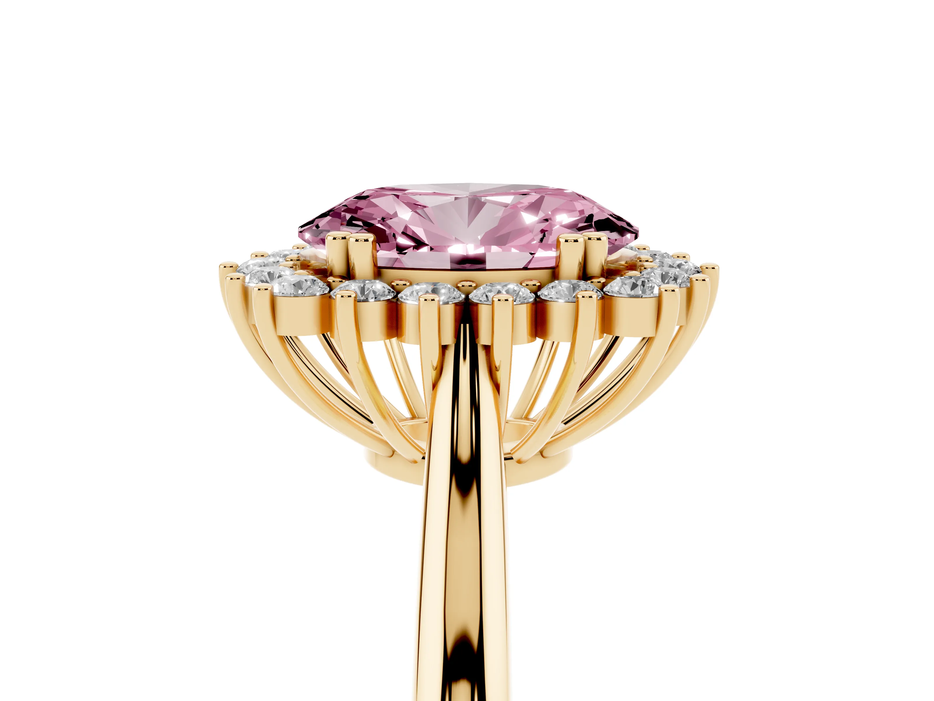 Fancy Pink Oval Cut Diamond Halo Ring Set in Yellow gold with Plain Solitaire Band and Prong Setting