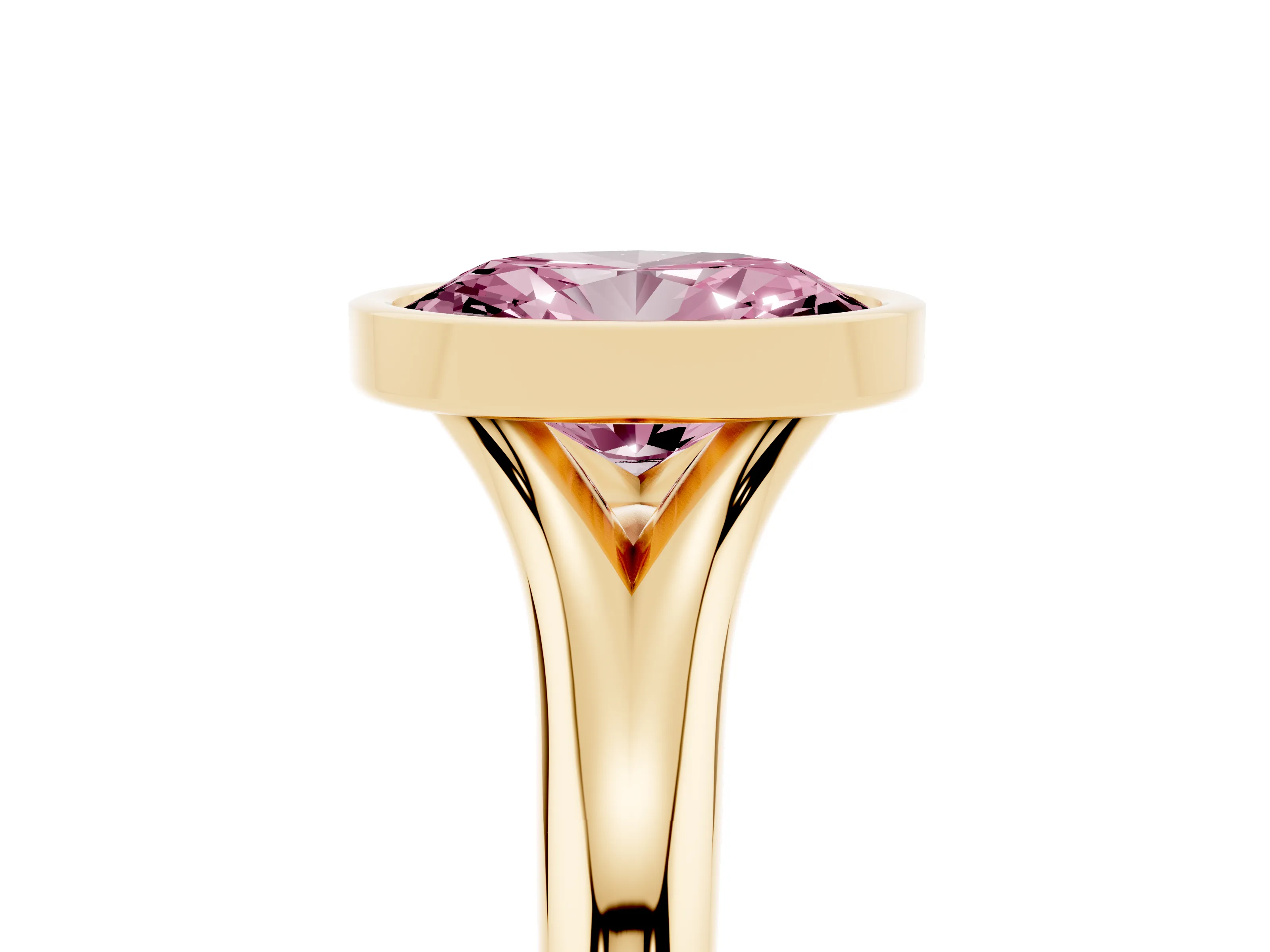 Fancy Pink Bezel Set Oval Cut Diamond Solitaire Ring Set in Yellow gold with Smooth Band
