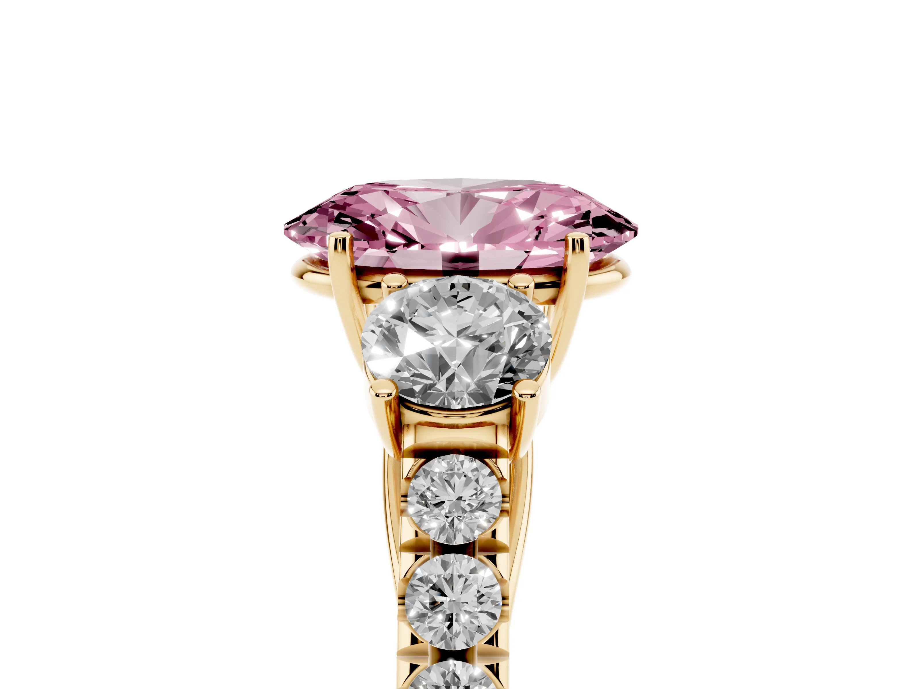 Fancy Pink Oval Cut Diamond Three-Stone Ring Set in Yellow gold with Round Side Stones and Delicate Pavé Band