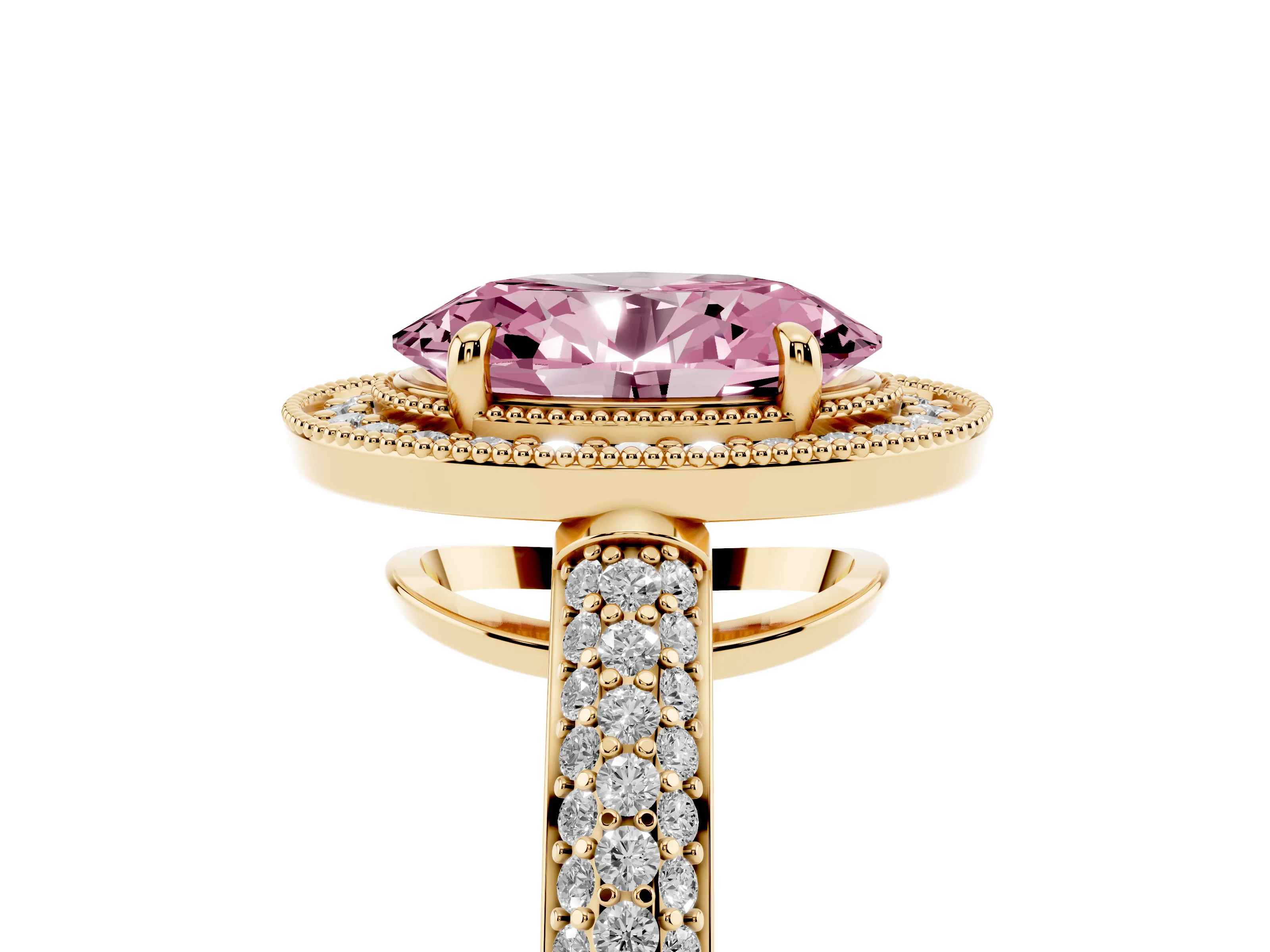 Fancy Pink Oval Cut Diamond Halo Pavé Band Set in Yellow gold with Prong Setting