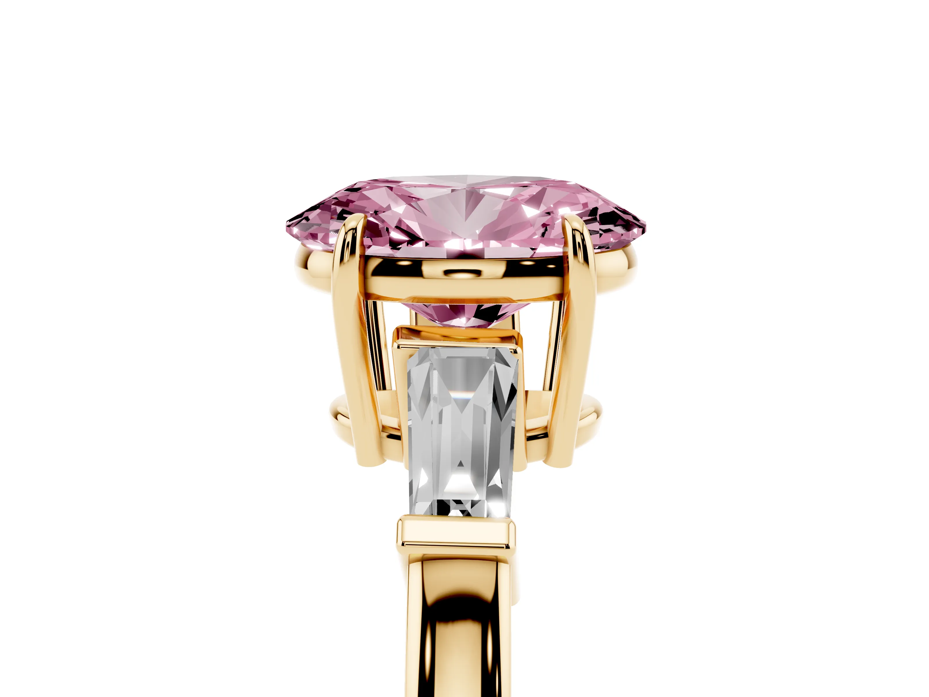 Fancy Pink Oval Cut Diamond Three-Stone Ring Set in Yellow gold with Tapered Baguette Side Stones and Prong Setting