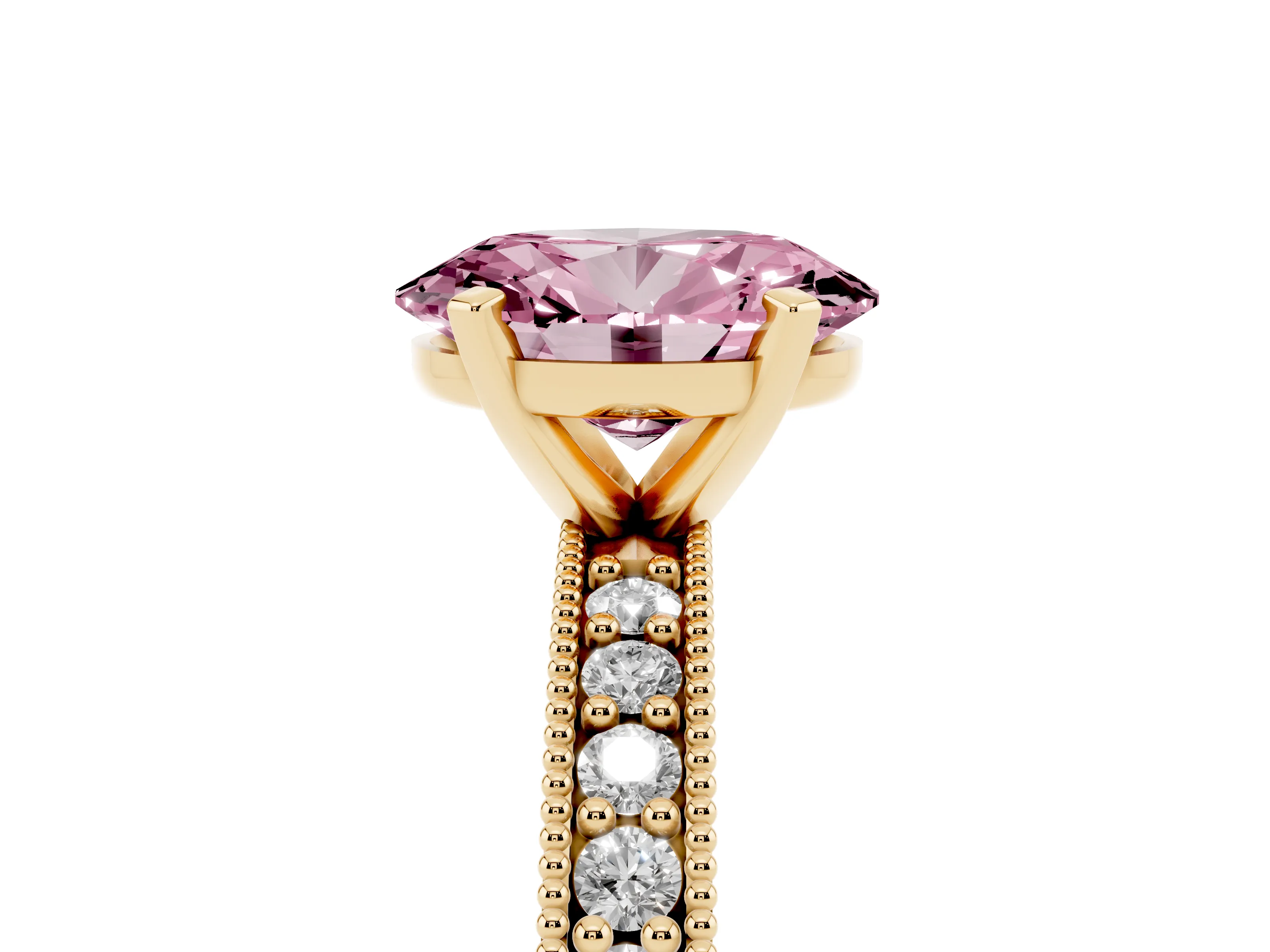 Fancy Pink Oval Cut Diamond Milgrain Pavé Engagement Ring Set in Yellow gold with Prong Setting