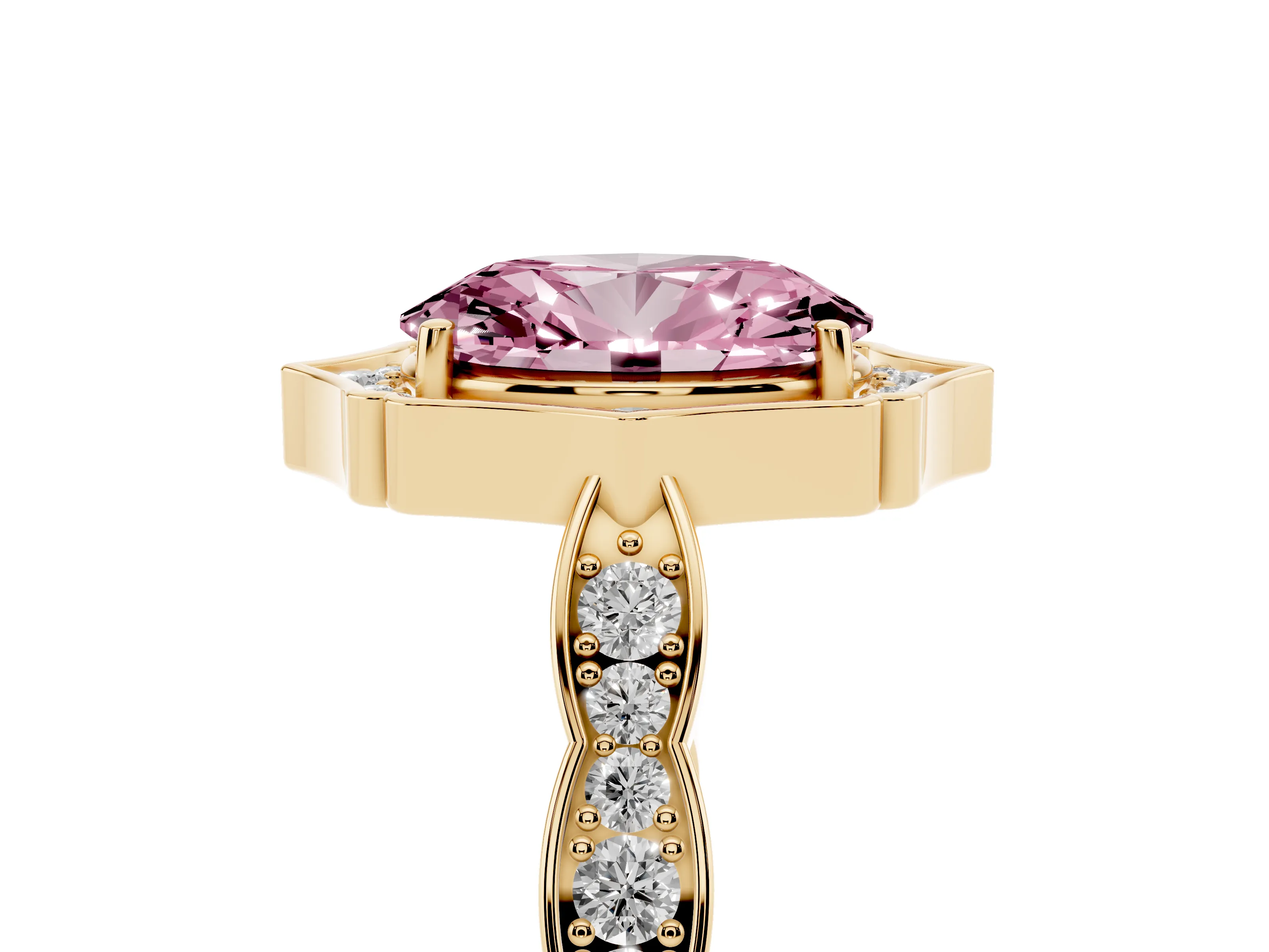 Fancy Pink Oval Cut Diamond Halo Engagement Ring Set in Yellow gold with Milgrain Band and Prong Setting