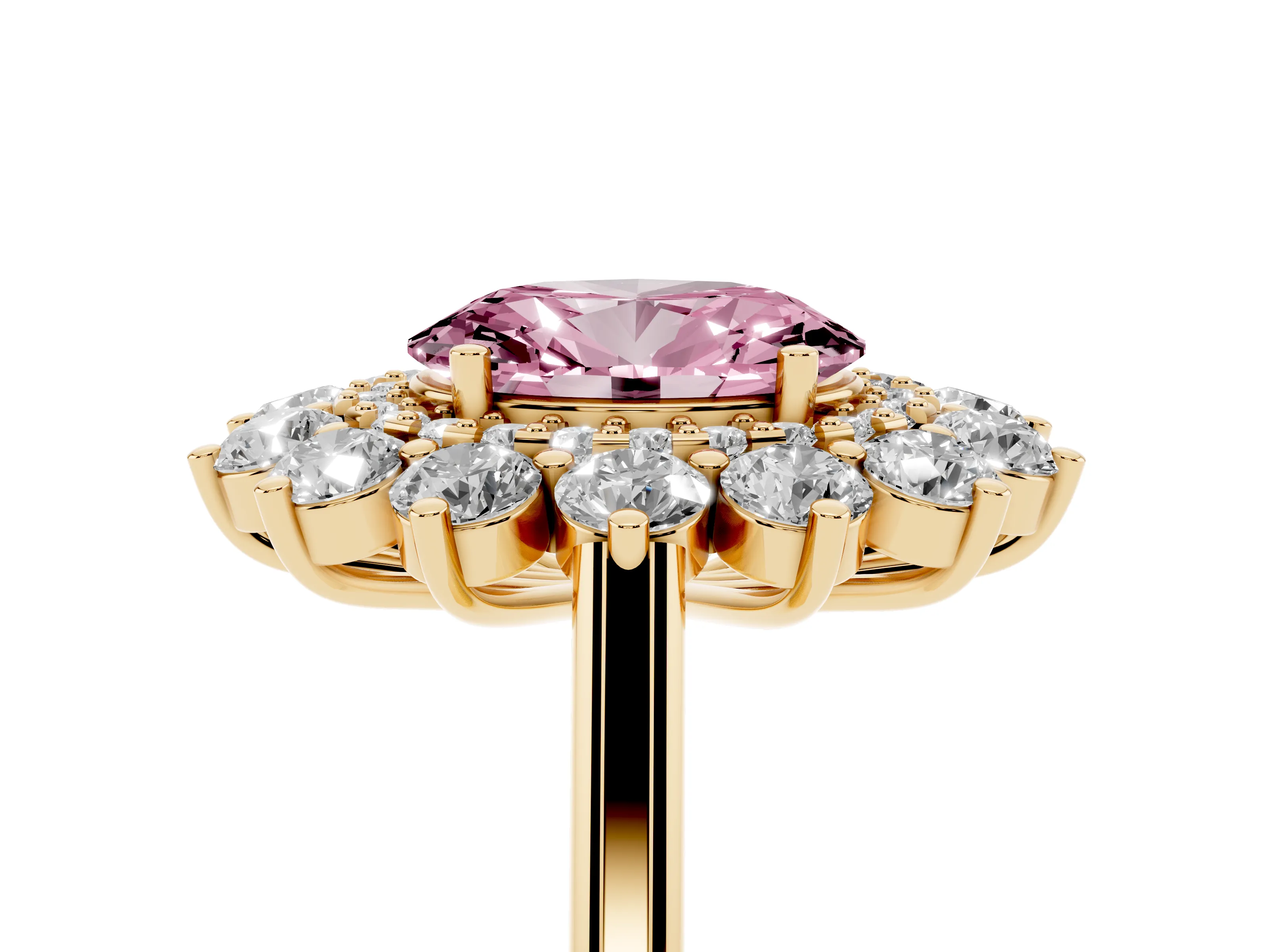 Fancy Pink Oval Cut Diamond Floral Double Halo Ring Set in Yellow gold with Round Petals
