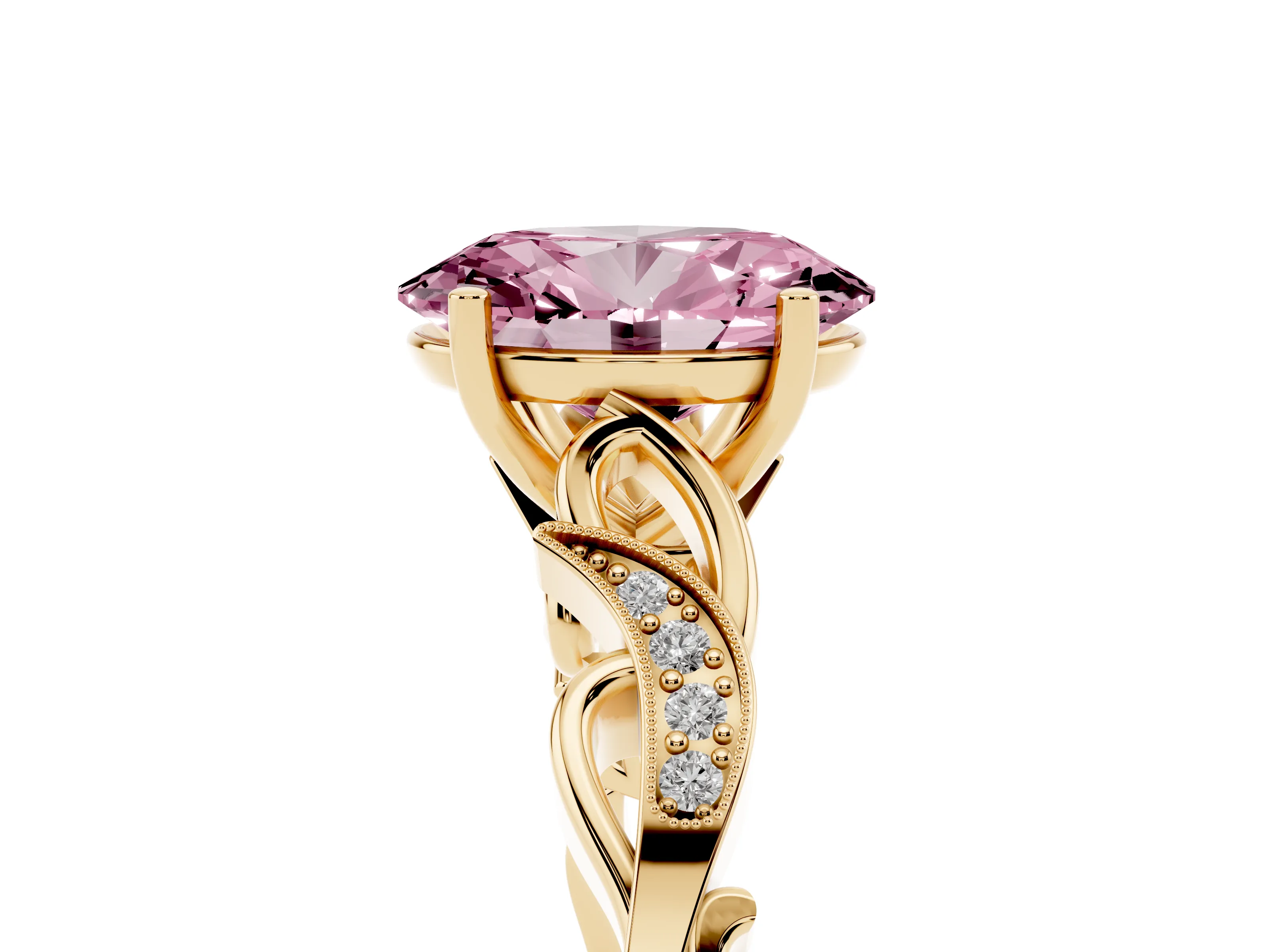 Fancy Pink Oval Cut Diamond Vine Band Solitaire Ring Set in Yellow gold with Milgrain Prong Setting