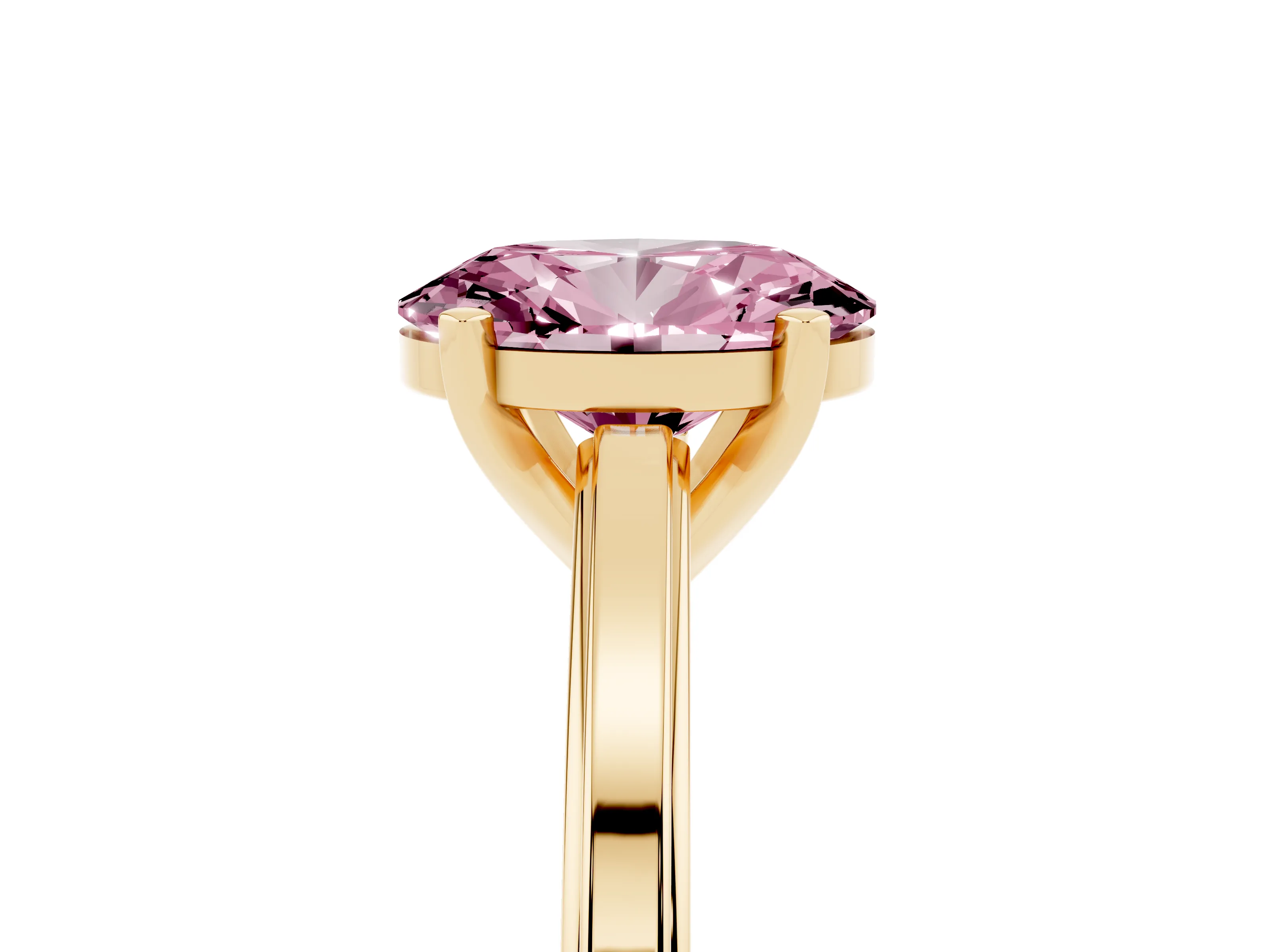Fancy Pink Oval Cut Diamond Solitaire Ring Set in Yellow gold with Prong Setting and Classic Band