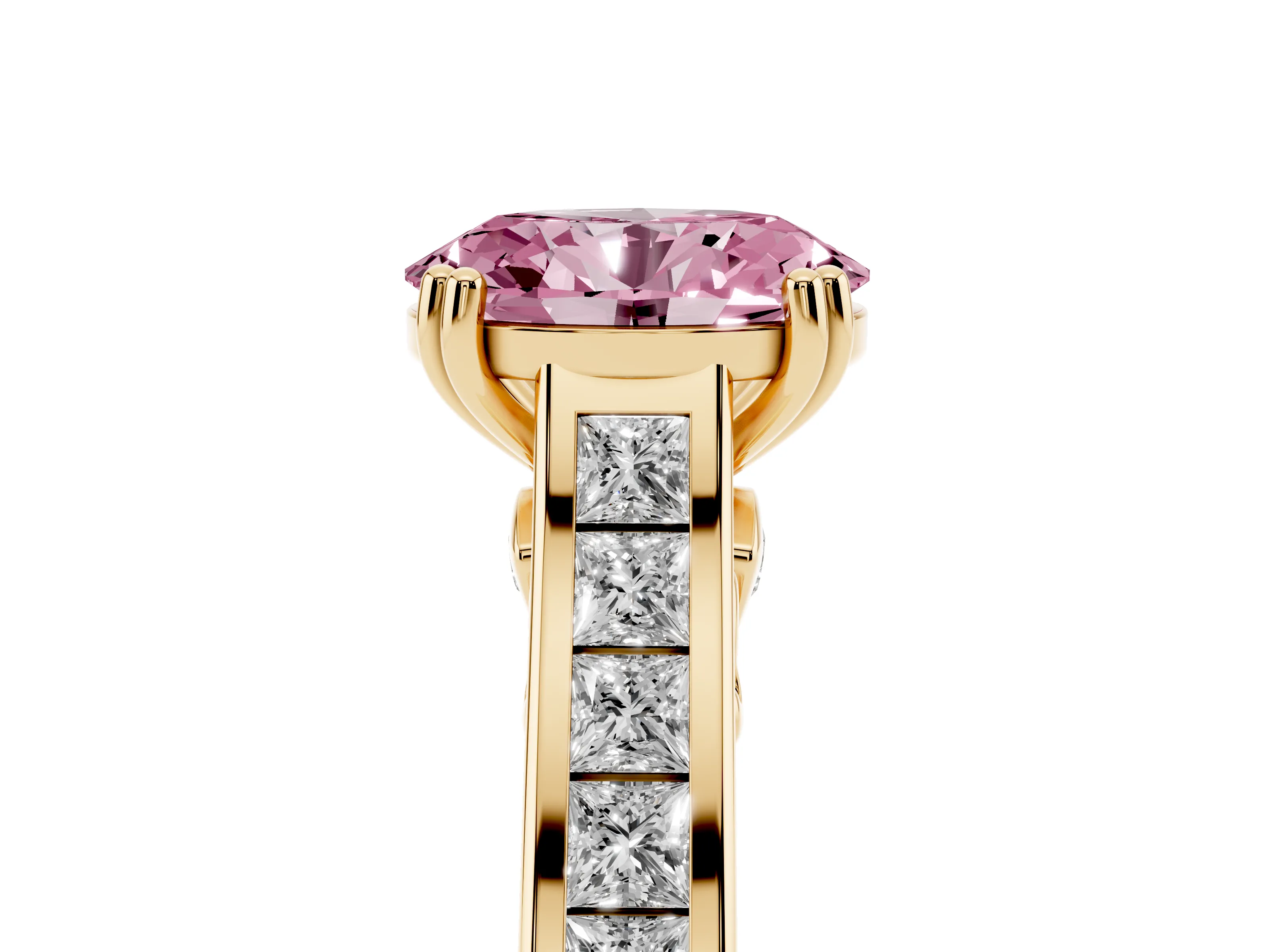 Fancy Pink Oval Cut Diamond Channel Set Solitaire Engagement Ring Set in Yellow gold with Prong Setting