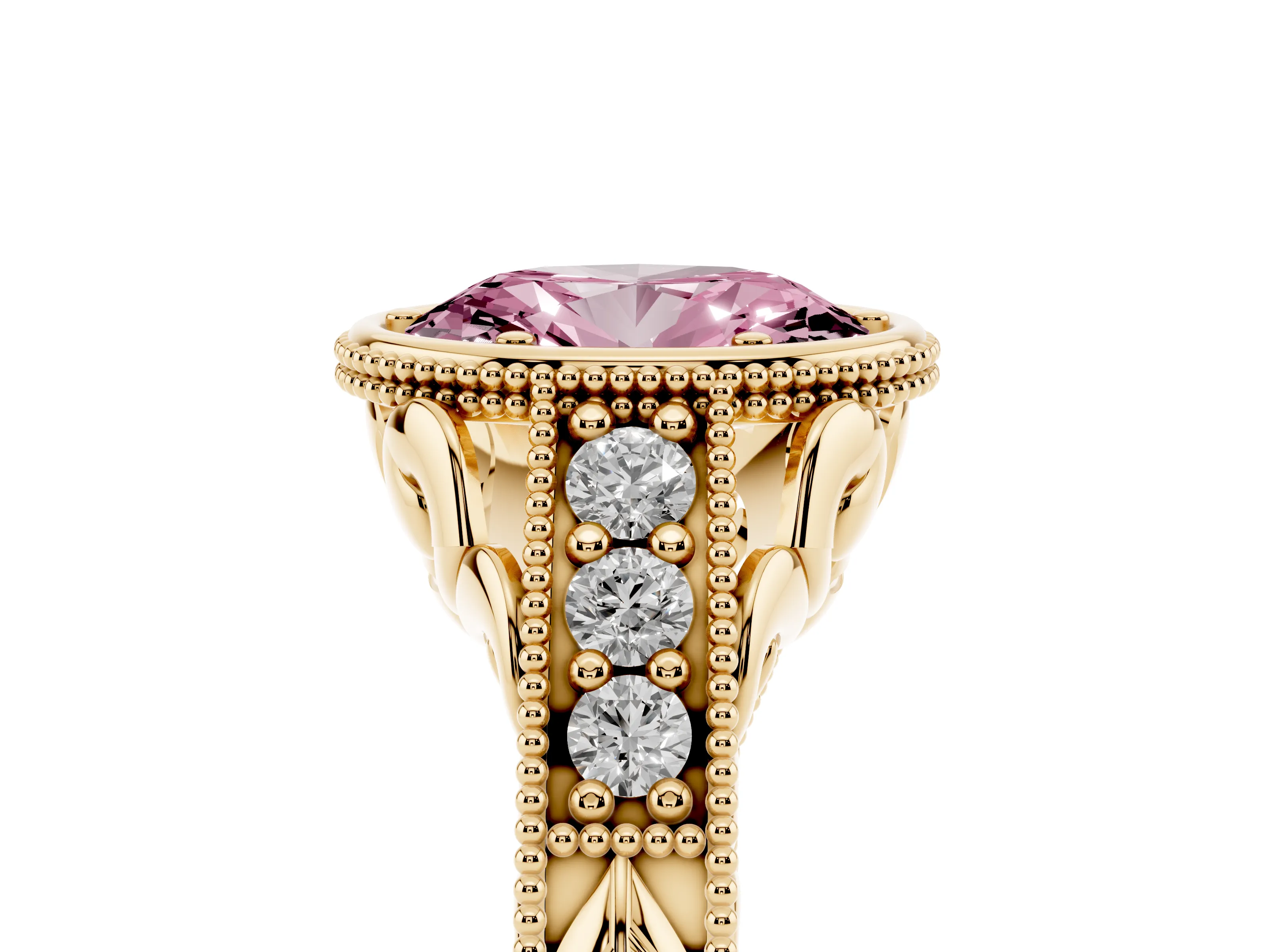 Fancy Pink Bezel Set Oval Cut Diamond Milgrain Pavé Engagement Ring Set in Yellow gold