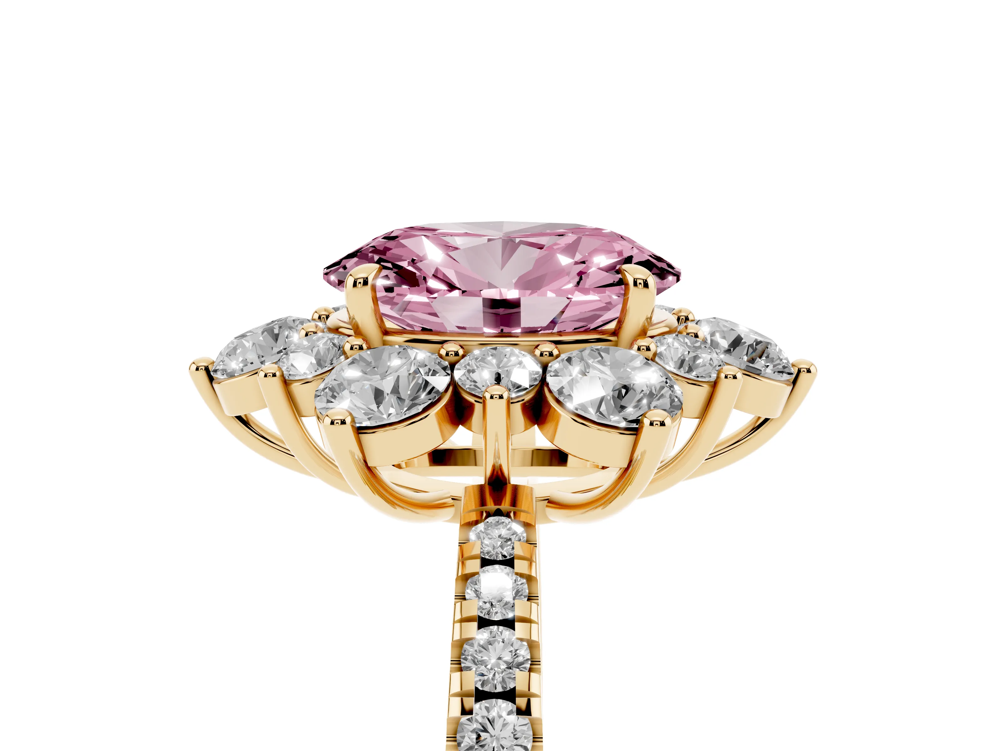 Fancy Pink Oval Cut Diamond Floral Halo Ring Set in Yellow gold with Round Pavé Band and Prong Setting