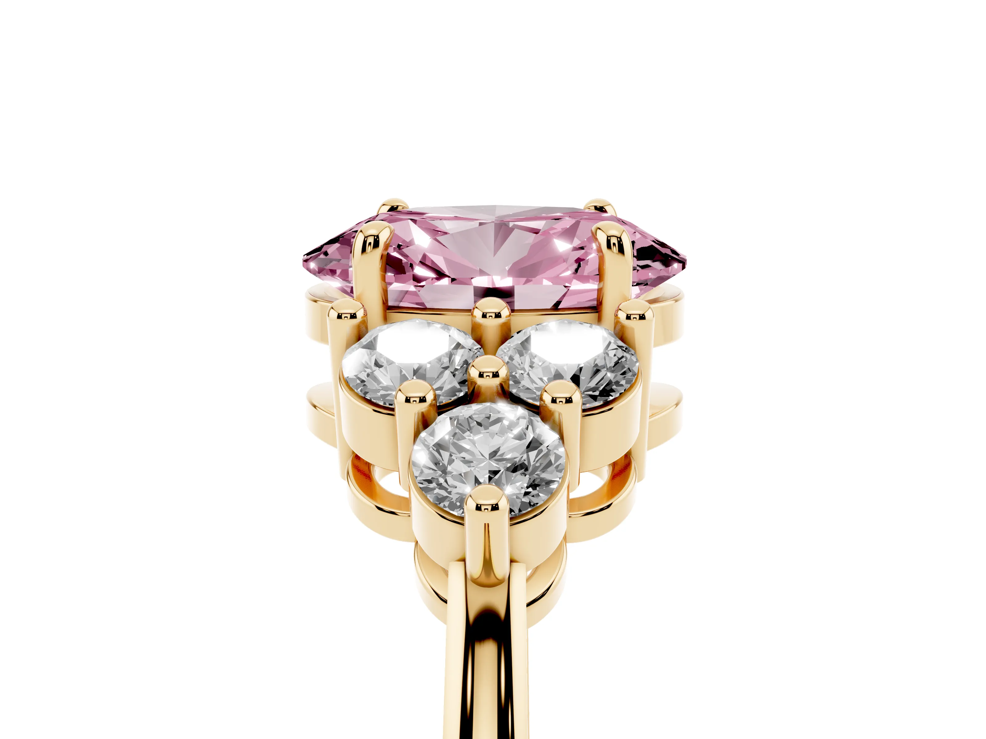 Fancy Pink Oval Cut Diamond Solitaire Ring Set in Yellow gold with Cluster Accents on Each Side